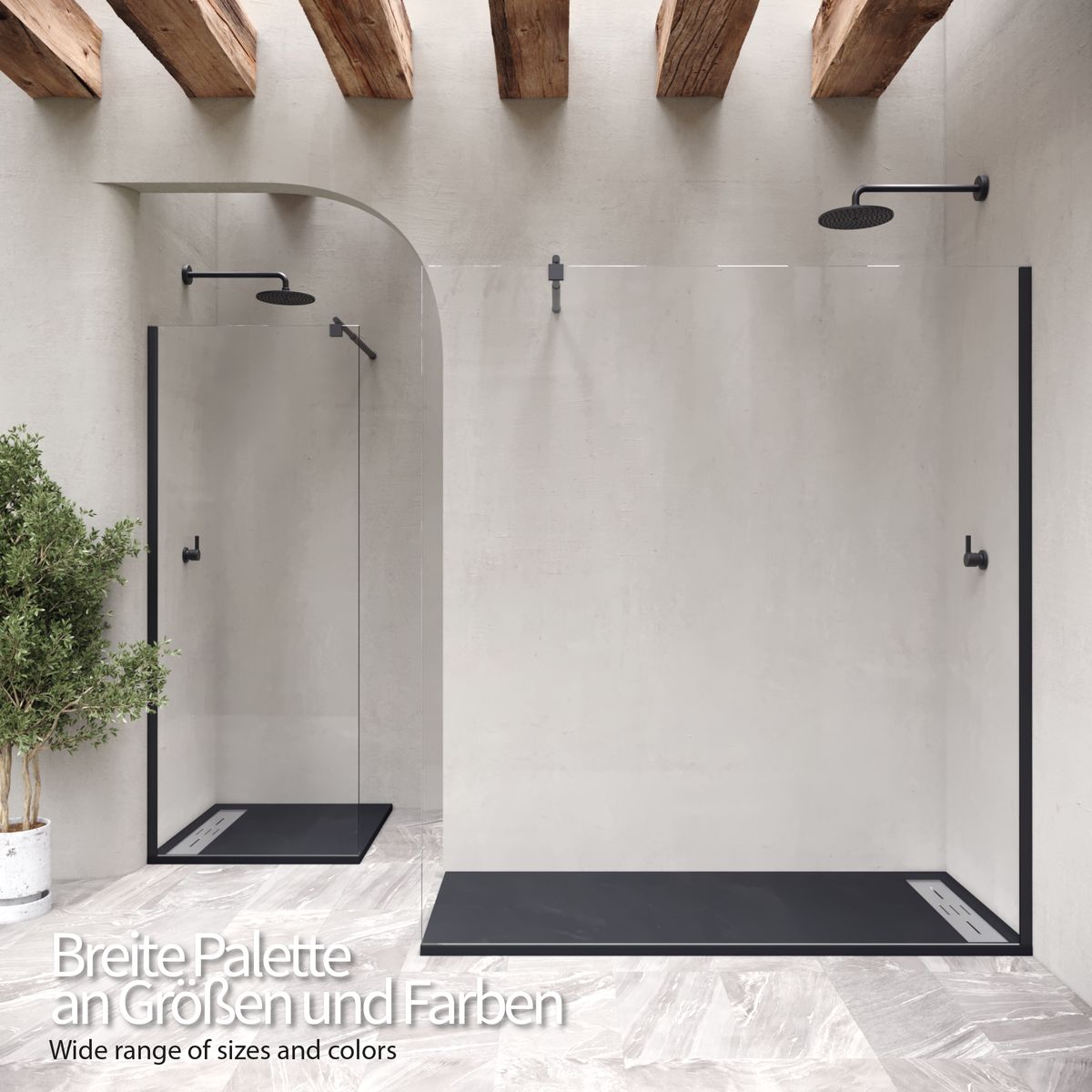 SMC Duschwanne Hiemal in Schieferoptik inkl. Ablaufgarnitur Schwarz mit Edelstahldeckel 90x90 cm