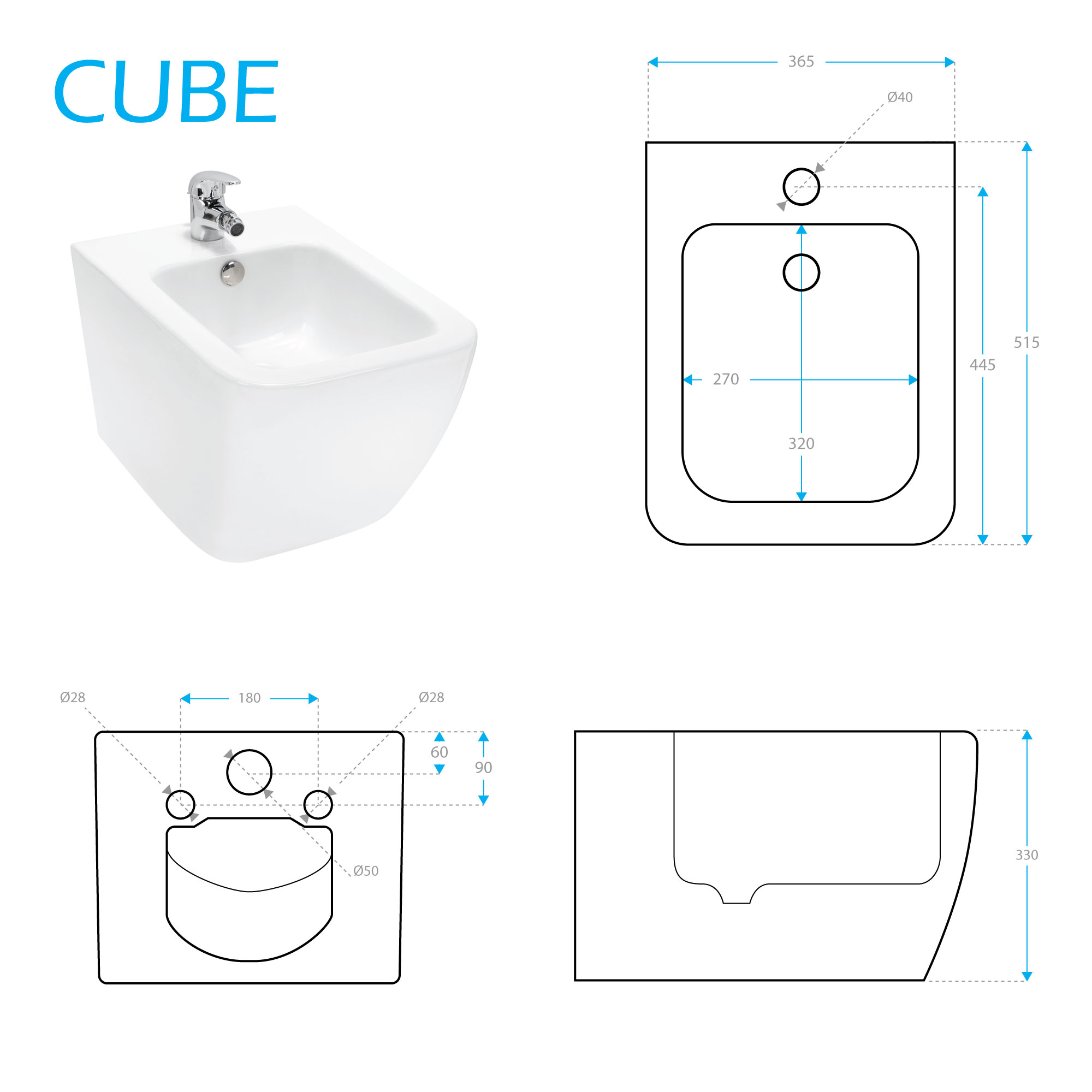 Wand Hänge Bidet Weiß inkl. Armatur (Mischbatterie) CUBE
