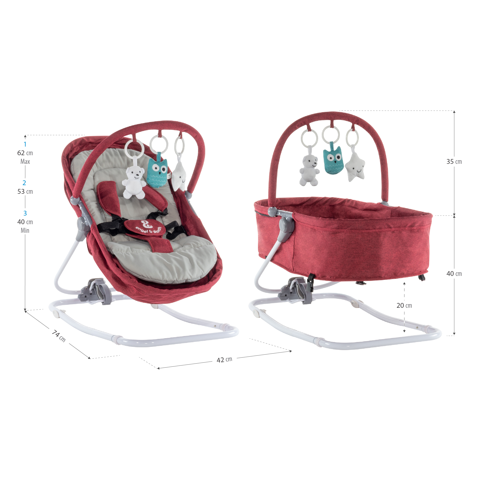 Babywippe VIGO Babywiege mit abnehmbarem Bezug und Spielebogen Rot + Grau