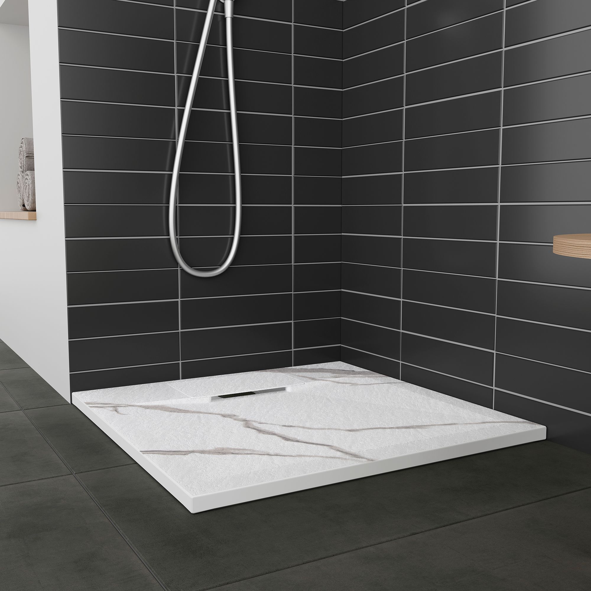 SMC Duschwanne Polar in Marmor-Optik inkl. Ablaufgarnitur - Weiß 90x90 cm