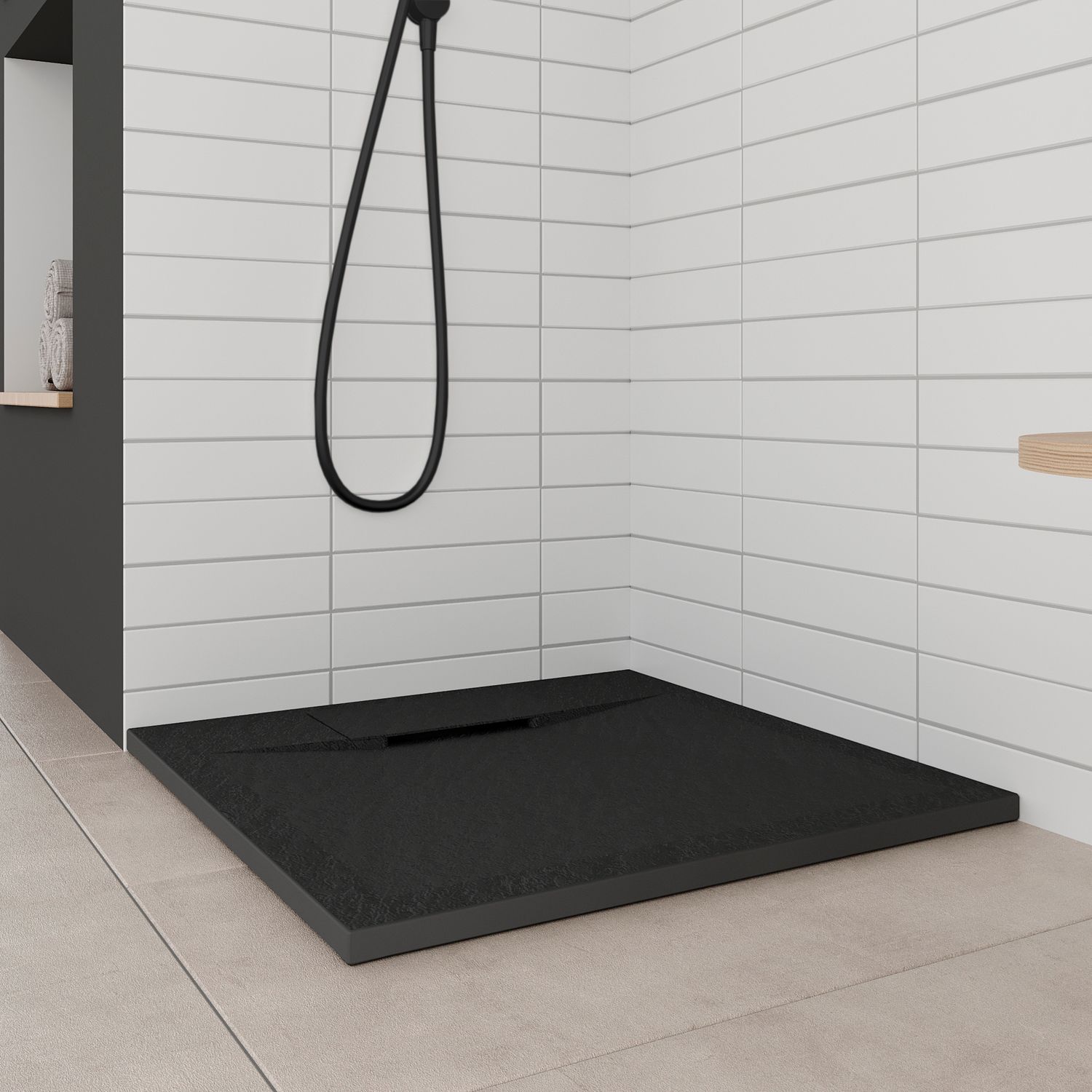 SMC Duschwanne Polar 90x90 cm, Duschtasse in Steinoptik inkl. Ablaufgarnitur - Schwarz