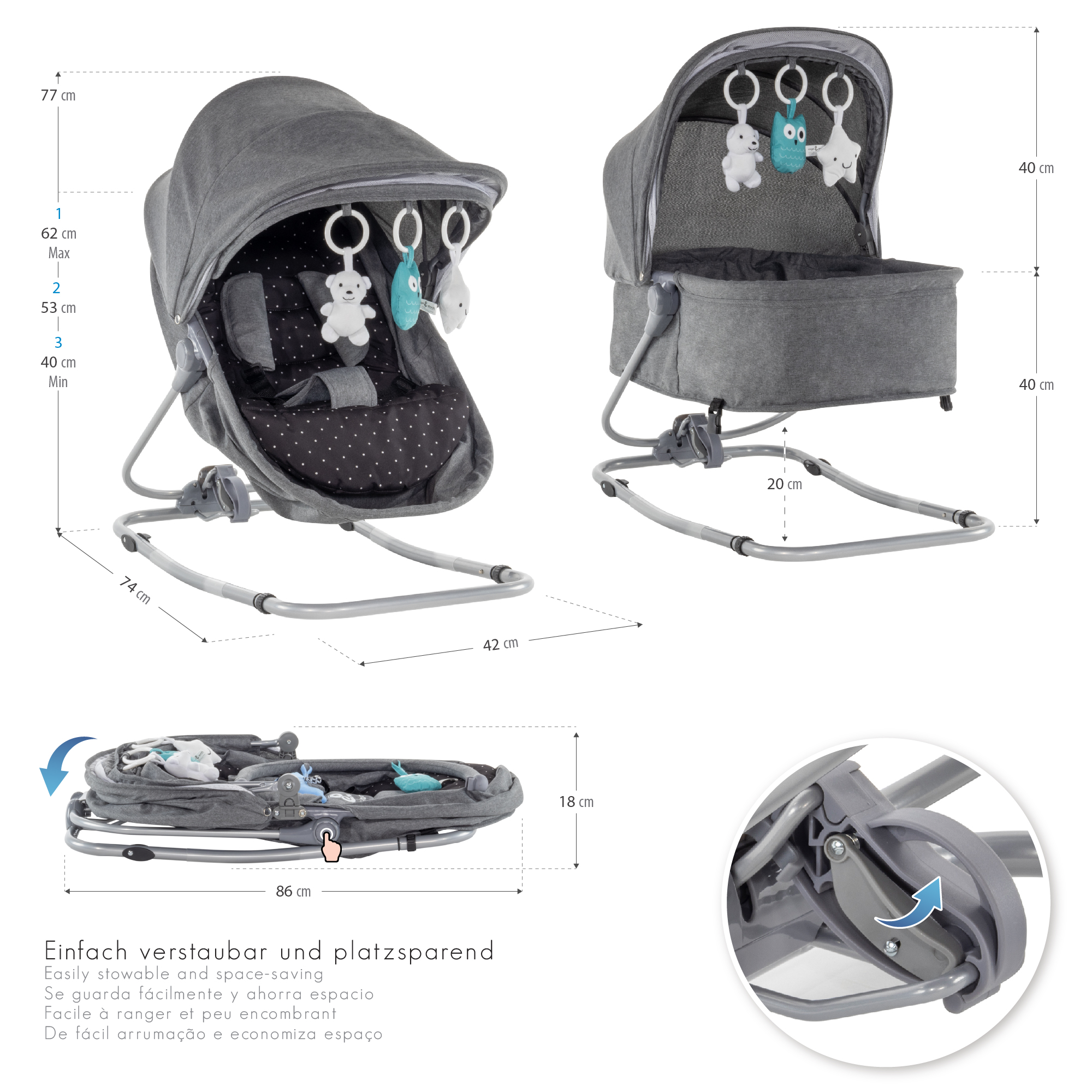 Babywippe PAVO mit Wiegenfunktion und Spielebogen Grau + Schwarz weiße Punkte Babywippe PAVO mit Wiegenfunktion und Spielebogen Grau + Schwarz weiße Punkte