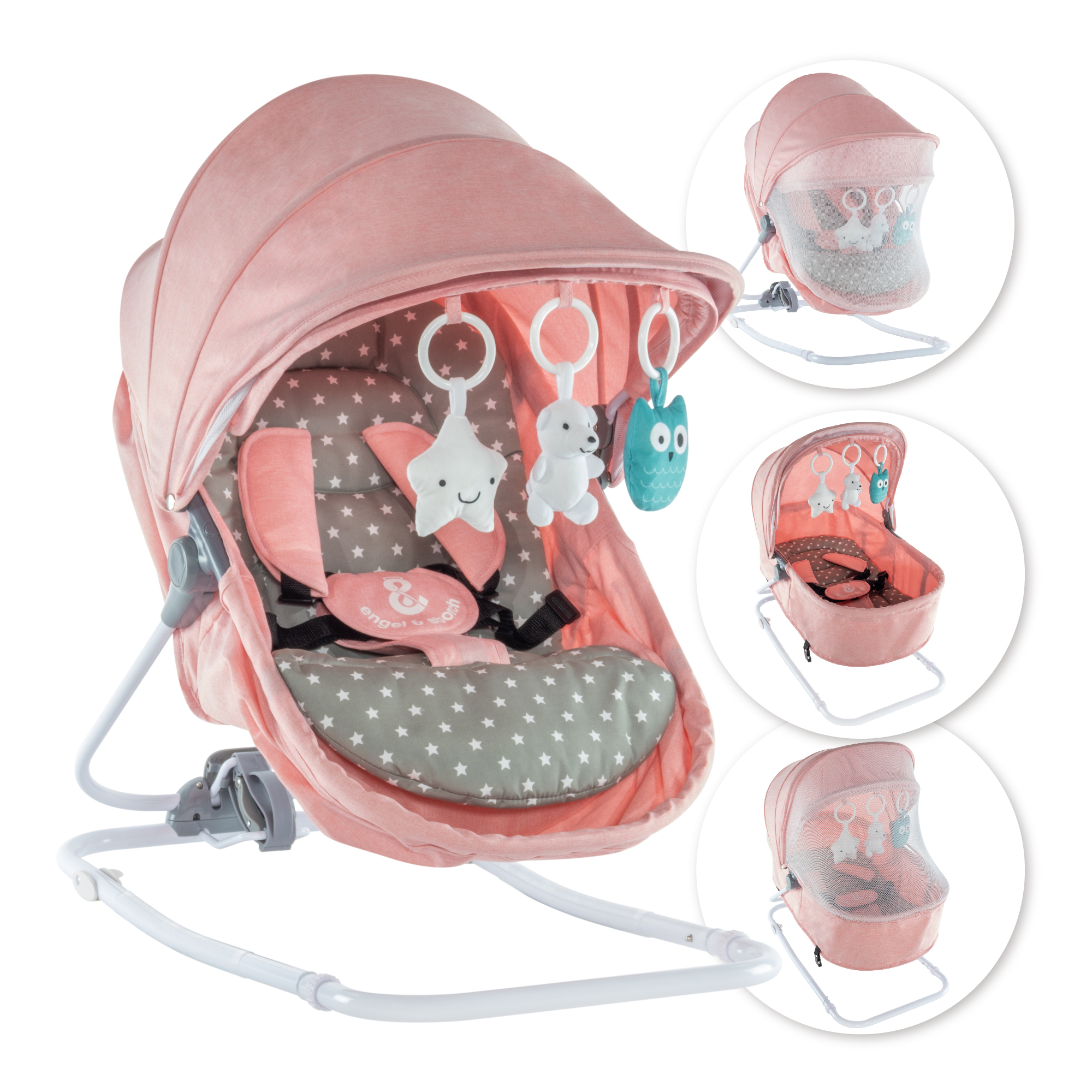 Babywippe PAVO mit Wiegenfunktion und Spielebogen Rosa + Grau weiße Sterne Babywippe PAVO mit Wiegenfunktion und Spielebogen Rosa + Grau weiße Sterne