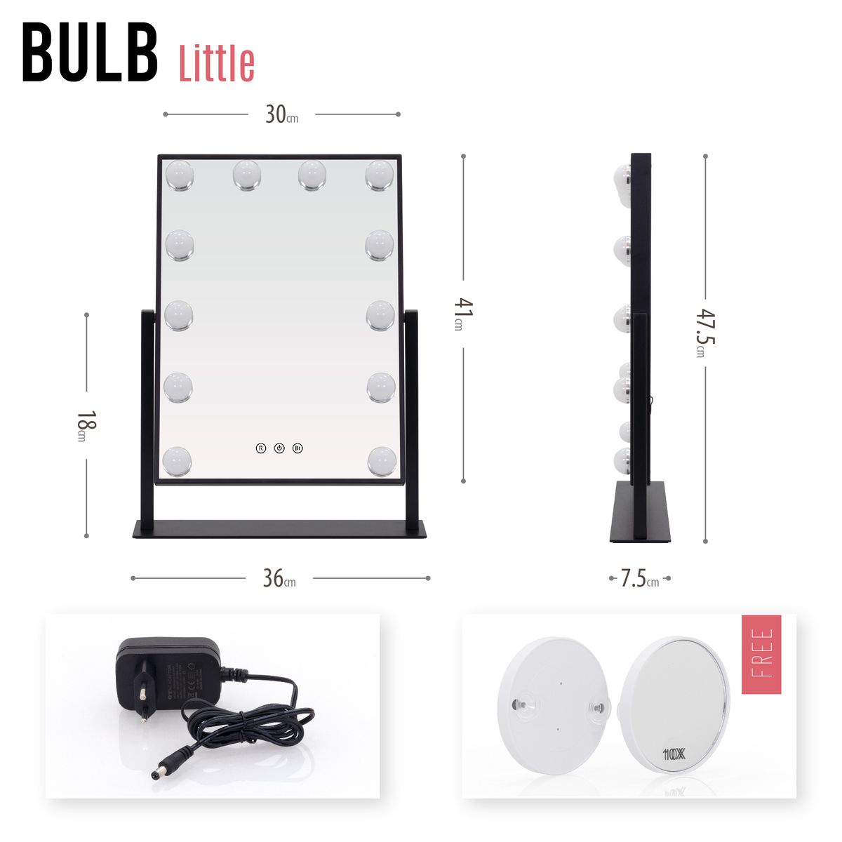 Schminkspiegel Bulb LITTLE mit 12 dimmbaren LED-Lampen Schwarz