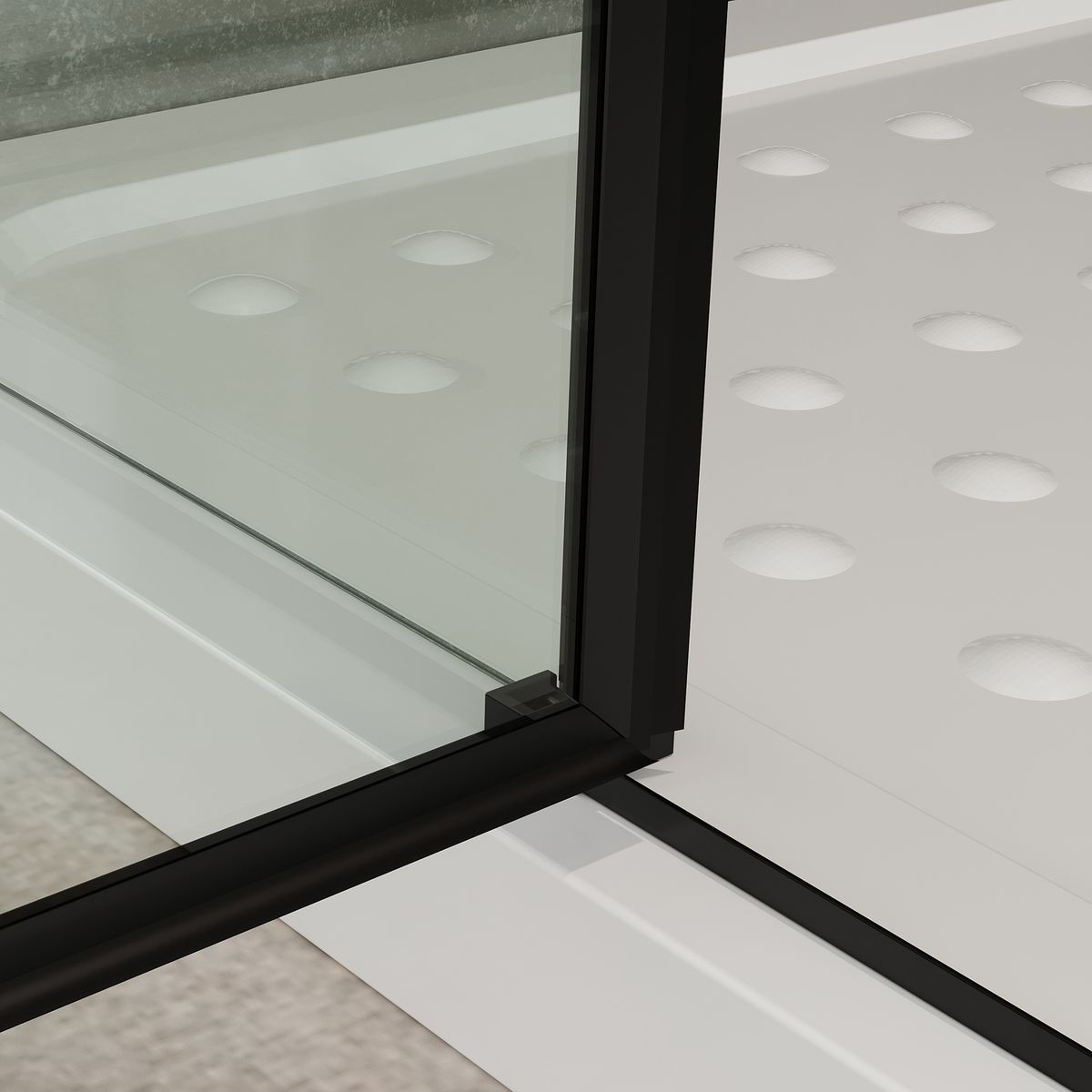 Eckeinstieg Celine mit Klapptüren und schwarzen Profilen aus ESG Sicherheitsglas Eckeinstieg Celine mit Klapptüren und schwarzen Profilen aus ESG Sicherheitsglas