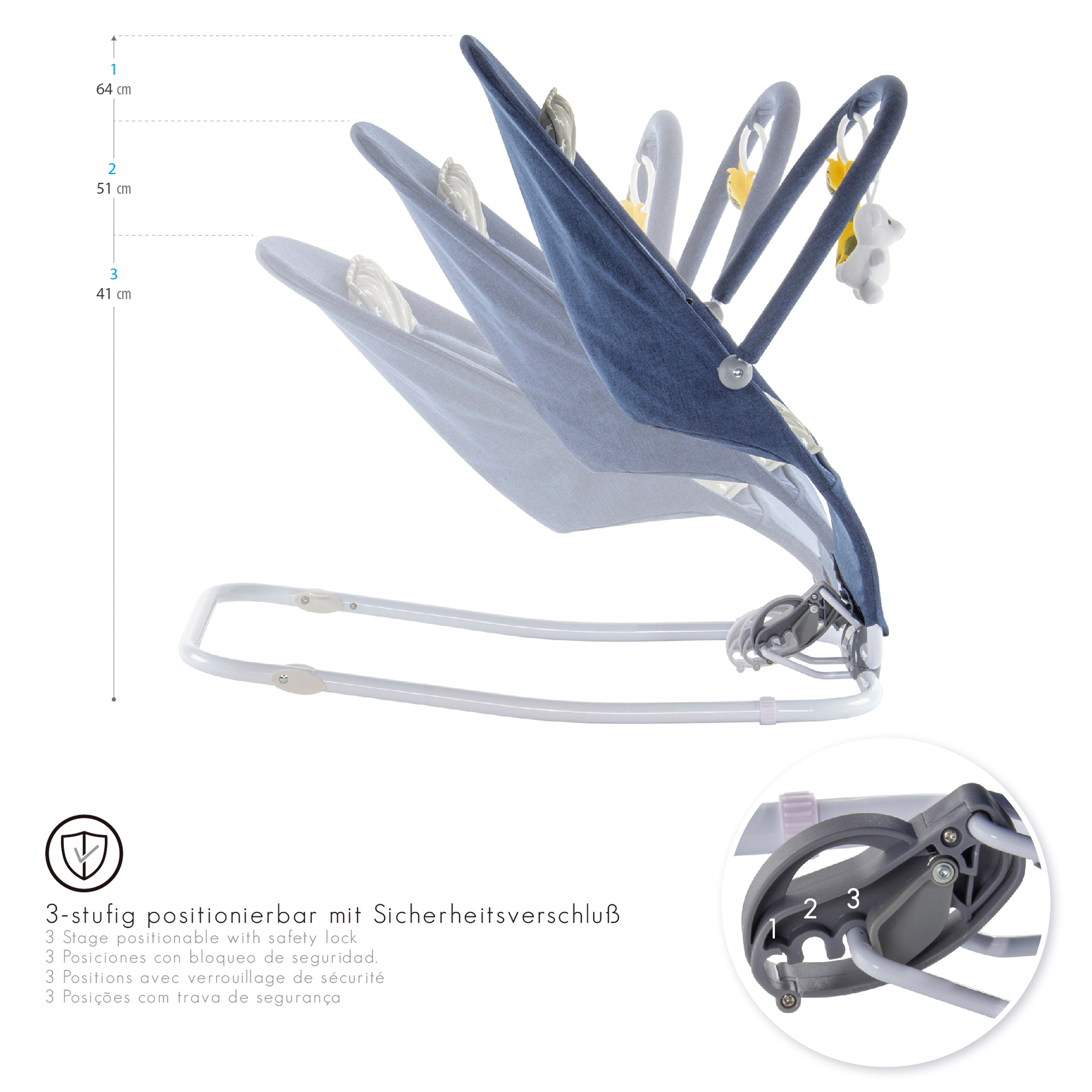 Babywippe VIENO mit abnehmbarem Bezug und Spielebogen Blau + Grau weiße Sterne