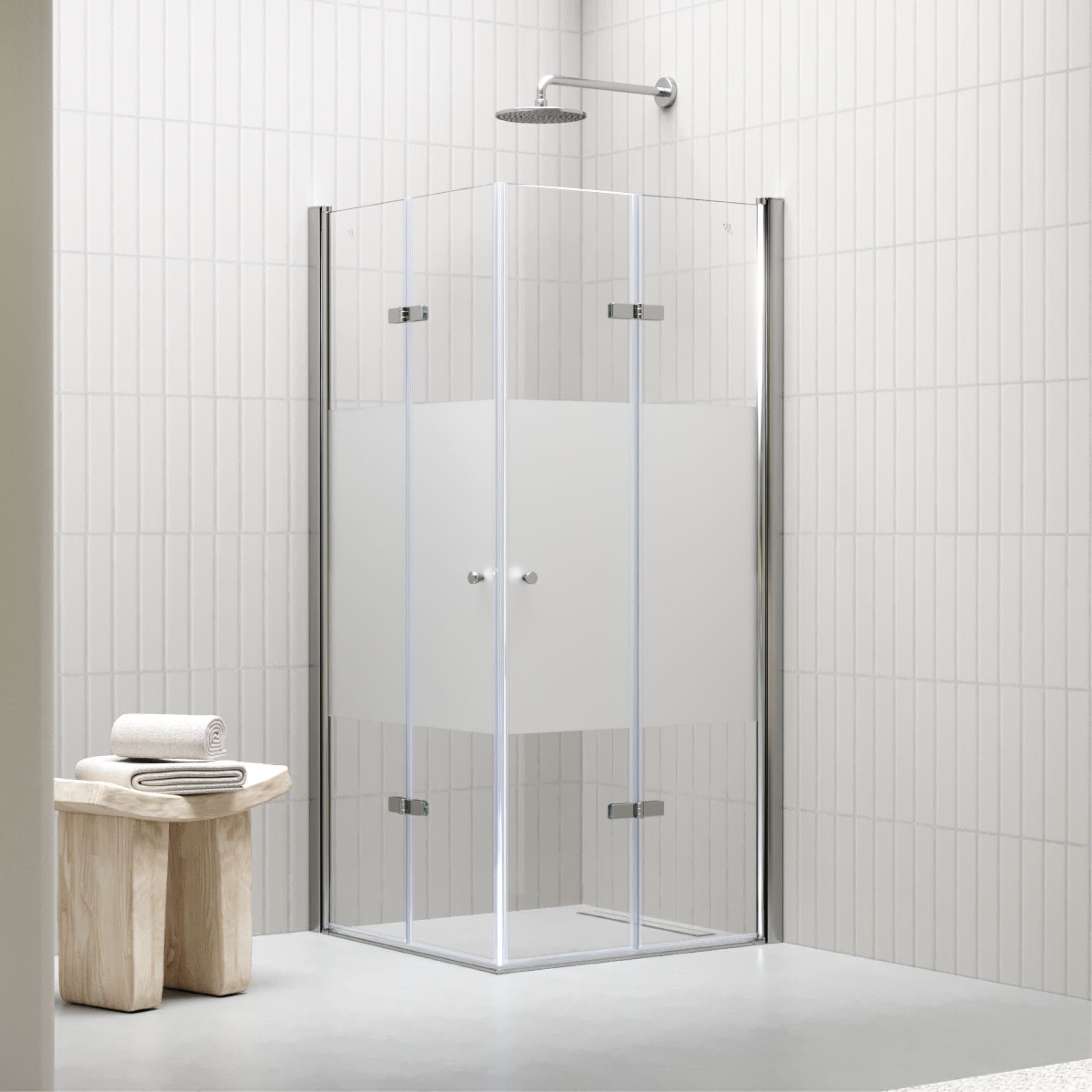 Eckeinstieg Emma mit Falttüren aus teilsatiniertem ESG Sicherheitsglas