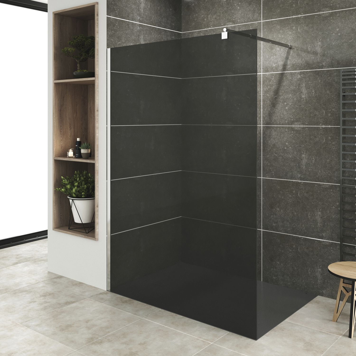 Walk In Dusche FIONA aus 10 mm getöntem Sicherheitsglas und Edelstahl Profile