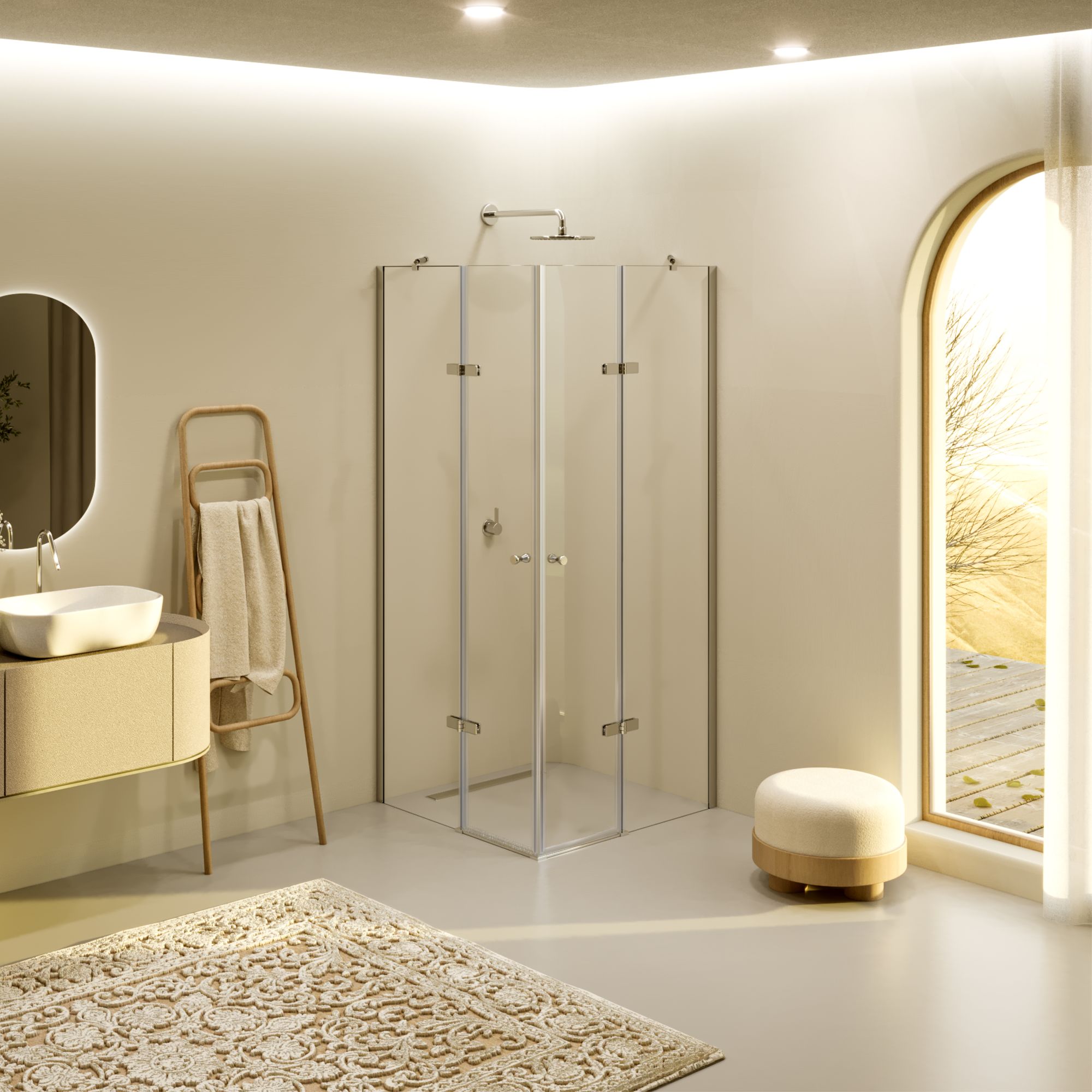 Eckeinstieg Alice mit Klapptüren aus ESG Sicherheitsglas Eckeinstieg Alice mit Klapptüren aus ESG Sicherheitsglas