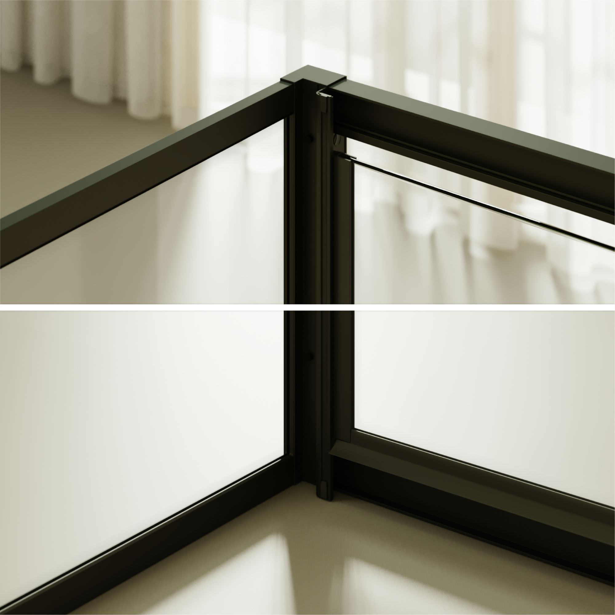 Fronteinstieg Isadora mit Klapptür und schwarzen Profilen aus ESG Sicherheitsglas