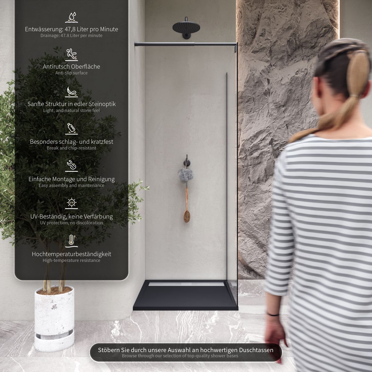 SMC Duschwanne Hiemal in Schieferoptik inkl. Ablaufgarnitur Schwarz mit Edelstahldeckel 100x100 cm SMC Duschwanne Hiemal in Schieferoptik inkl. Ablaufgarnitur Schwarz mit Edelstahldeckel 90x90 cm