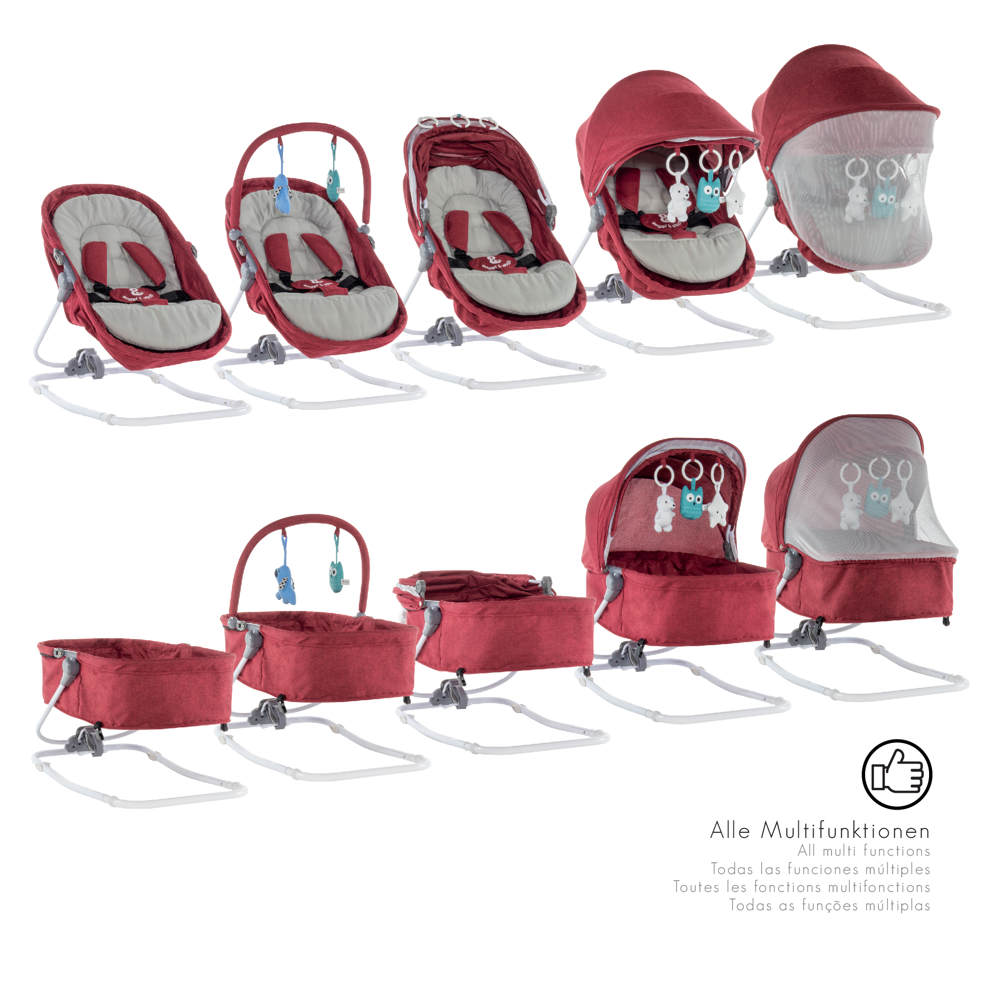 Babywippe PAVO mit Wiegenfunktion und Spielebogen Rot + Grau