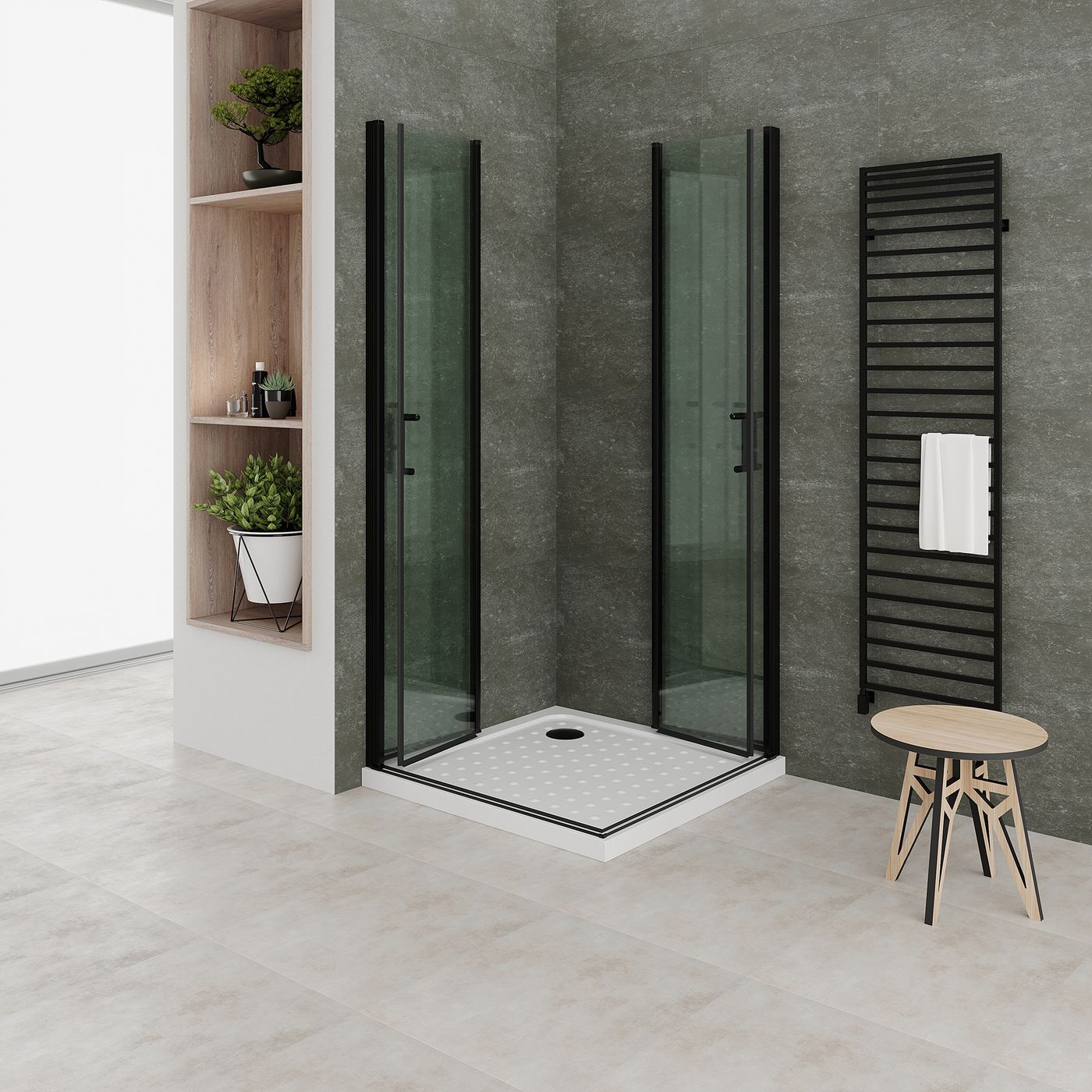 Eckeinstieg Alina mit Falttüren und schwarzen Profilen aus ESG Sicherheitsglas Eckeinstieg Alina mit Falttüren und schwarzen Profilen aus ESG Sicherheitsglas