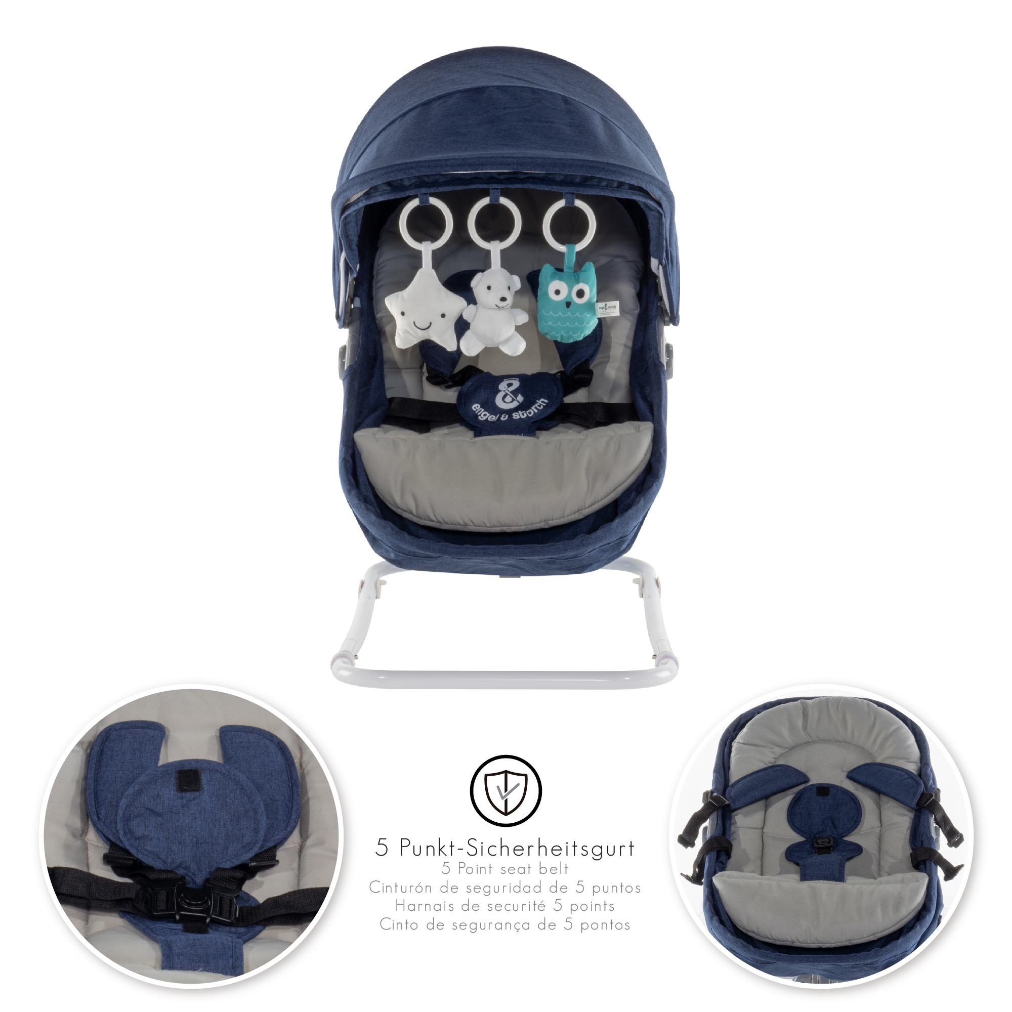 Babywippe PAVO mit Wiegenfunktion und Spielebogen Blau + Grau