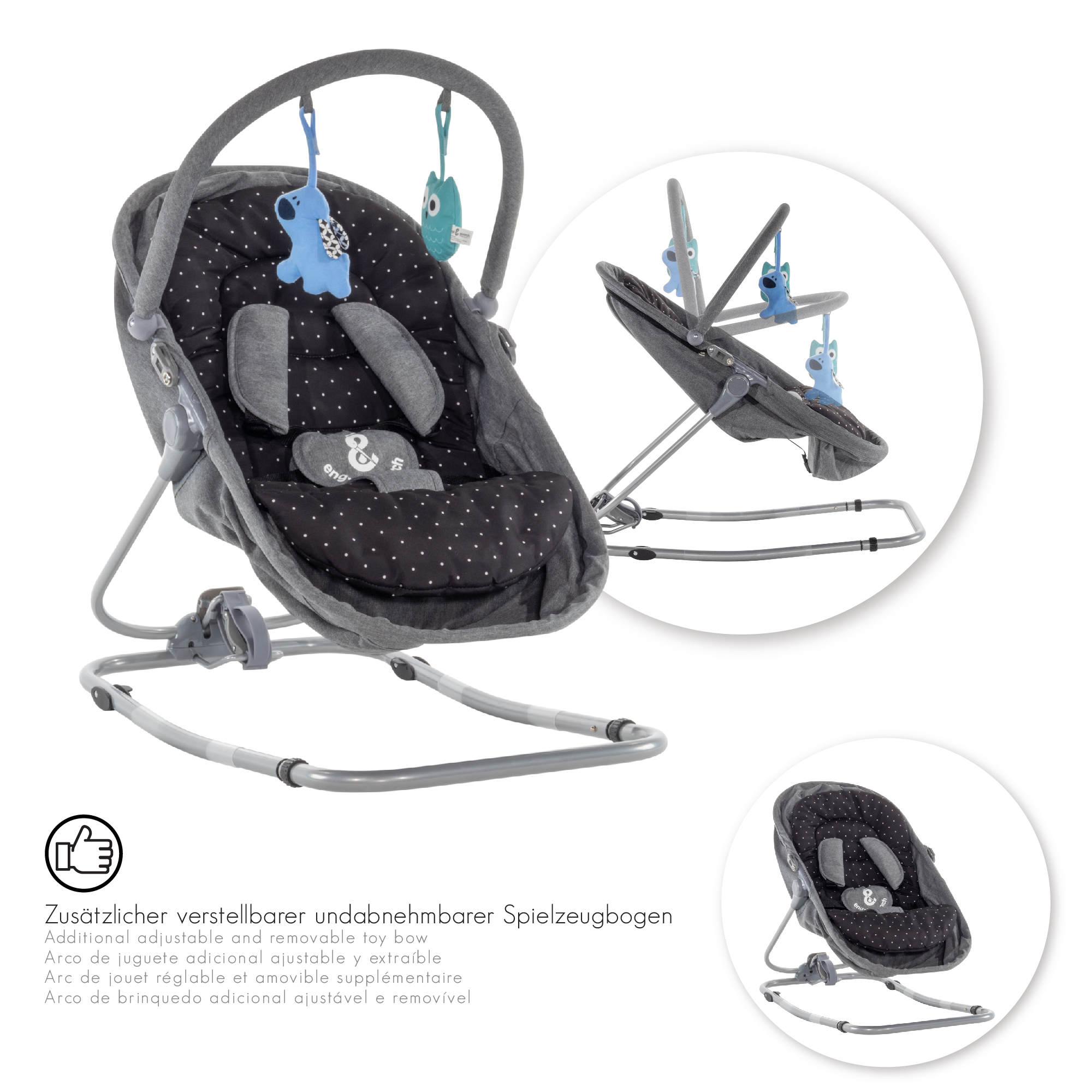 Babywippe PAVO mit Wiegenfunktion und Spielebogen Grau + Schwarz weiße Punkte Babywippe PAVO mit Wiegenfunktion und Spielebogen Grau + Schwarz weiße Punkte