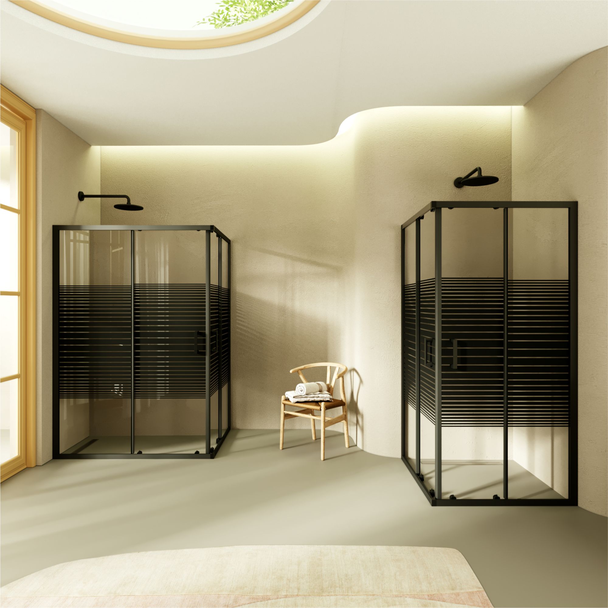 Eckeinstieg Danielle mit Schiebetüren aus schwarz gestreiftem ESG Sicherheitsglas Eckeinstieg Danielle mit Schiebetüren aus schwarz gestreiftem ESG Sicherheitsglas