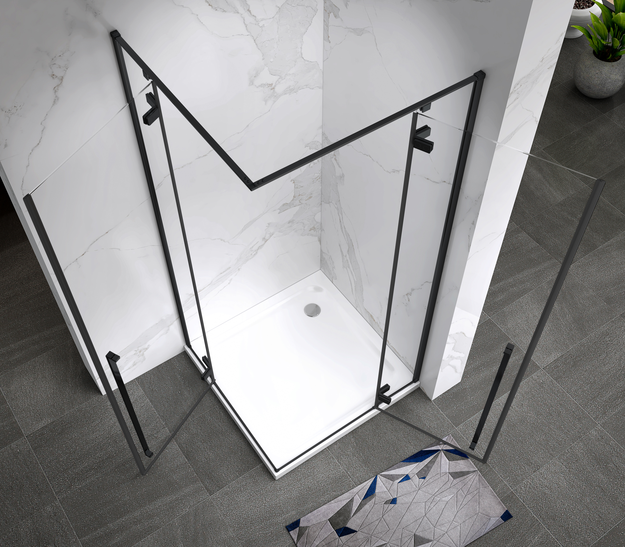 Eckeinstieg Jayla mit Drehtüren und schwarzen Profilen aus ESG Sicherheitsglas 190 cm-90x90 cm