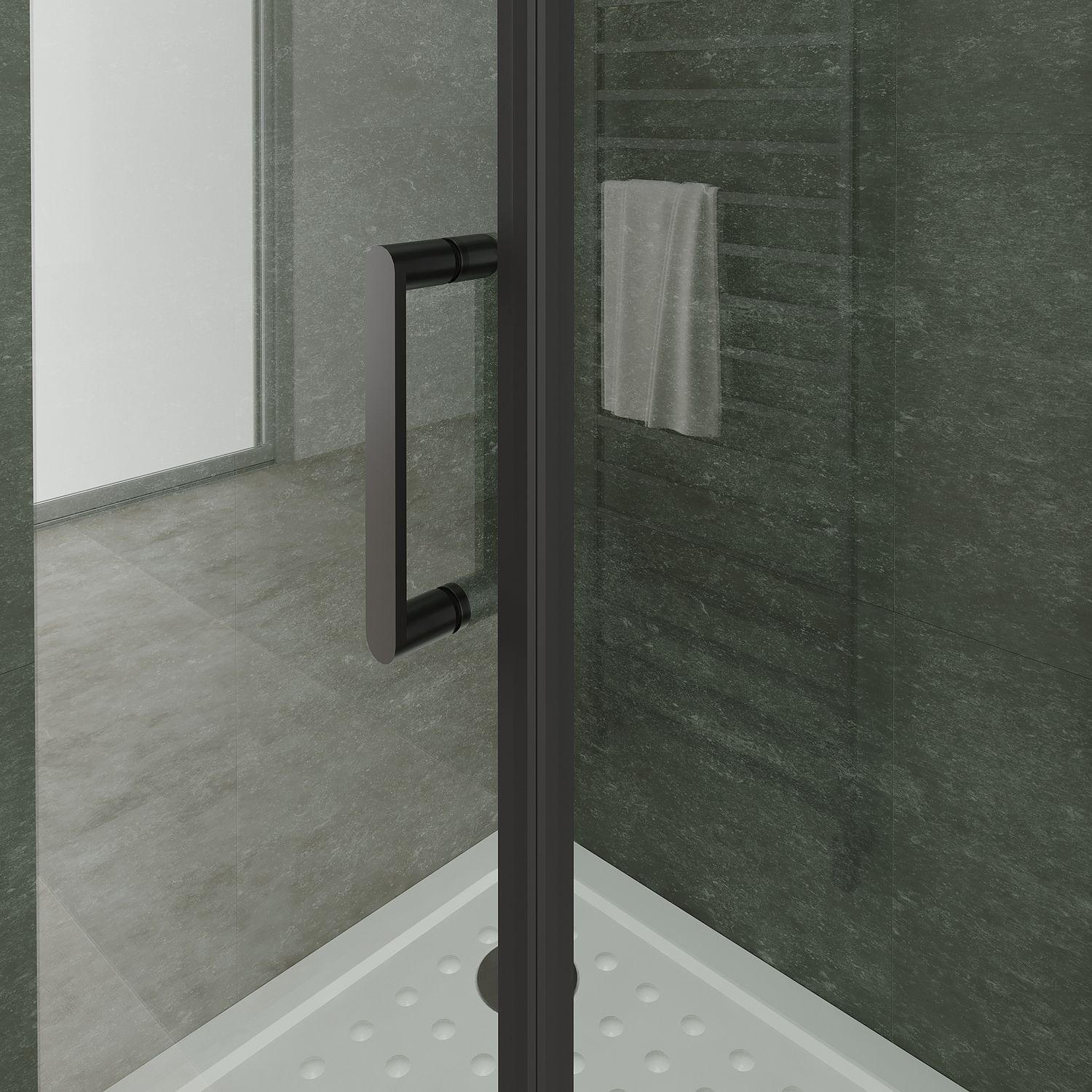 Fronteinstieg Hellen mit Klapptür und schwarzen Profilen aus ESG Sicherheitsglas