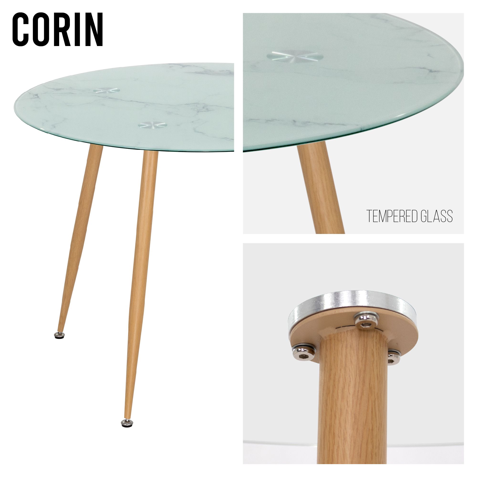 Esszimmer-Tisch CORIN | Tischplatte: Glas in weißer Marmor Optik | Beine: Holz Esszimmer-Tisch CORIN | Tischplatte: Glas in weißer Marmor Optik | Beine: Holz 80 cm