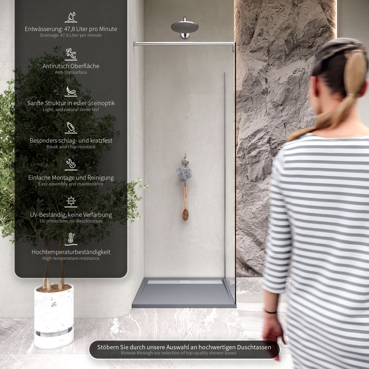 SMC Duschwanne Hiemal in Schieferoptik inkl. Ablaufgarnitur Grau mit Edelstahldeckel 90x90 cm