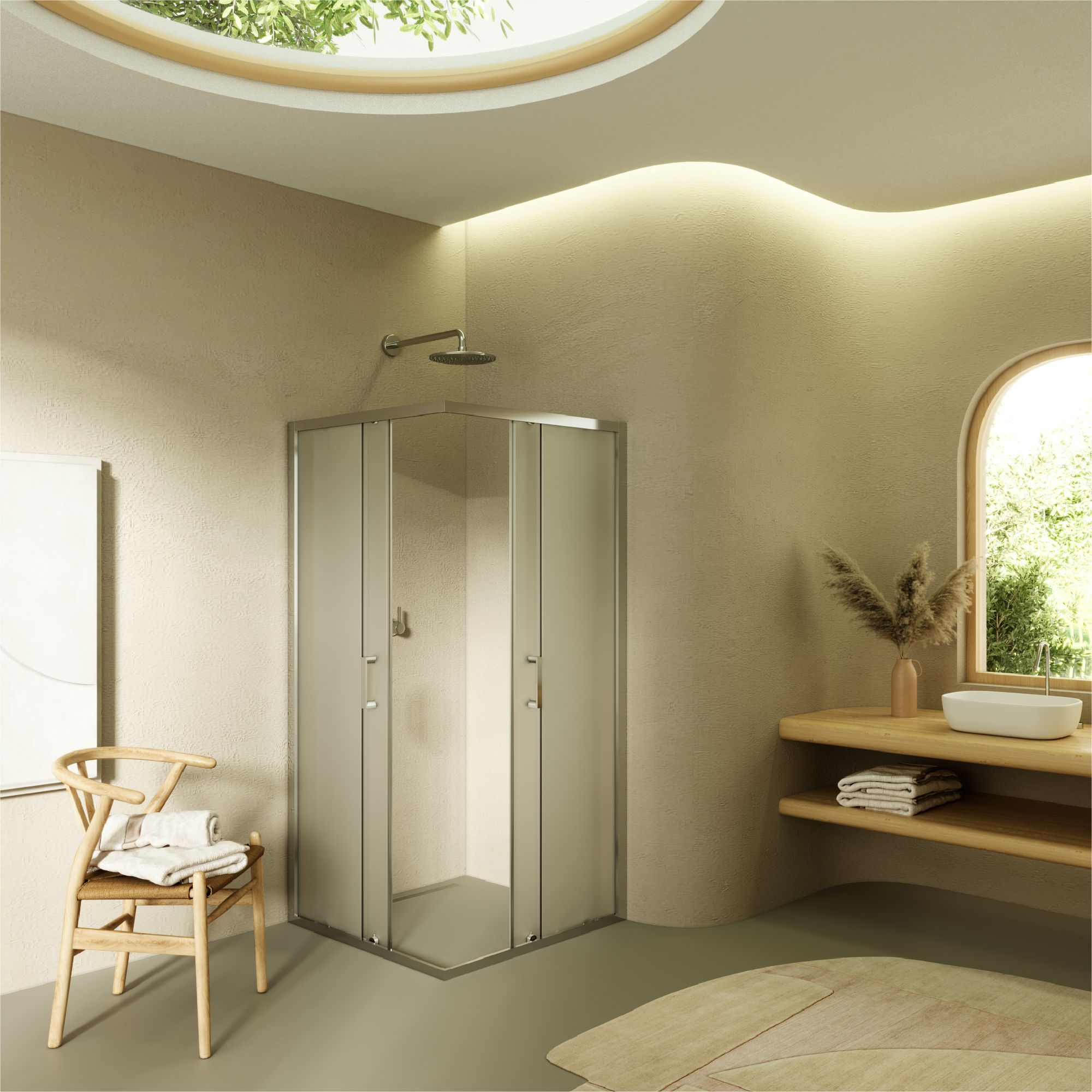 Eckeinstieg Diana mit Schiebetüren aus satiniertem ESG Sicherheitsglas Eckeinstieg Diana mit Schiebetüren aus satiniertem ESG Sicherheitsglas