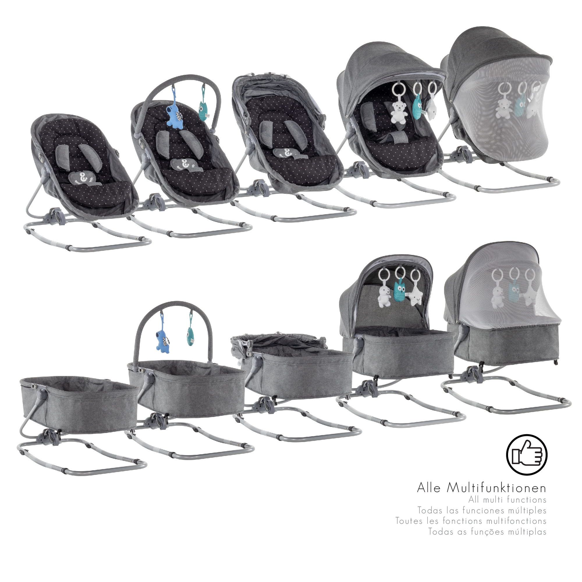 Babywippe PAVO mit Wiegenfunktion und Spielebogen Grau + Schwarz weiße Punkte Babywippe PAVO mit Wiegenfunktion und Spielebogen Grau + Schwarz weiße Punkte