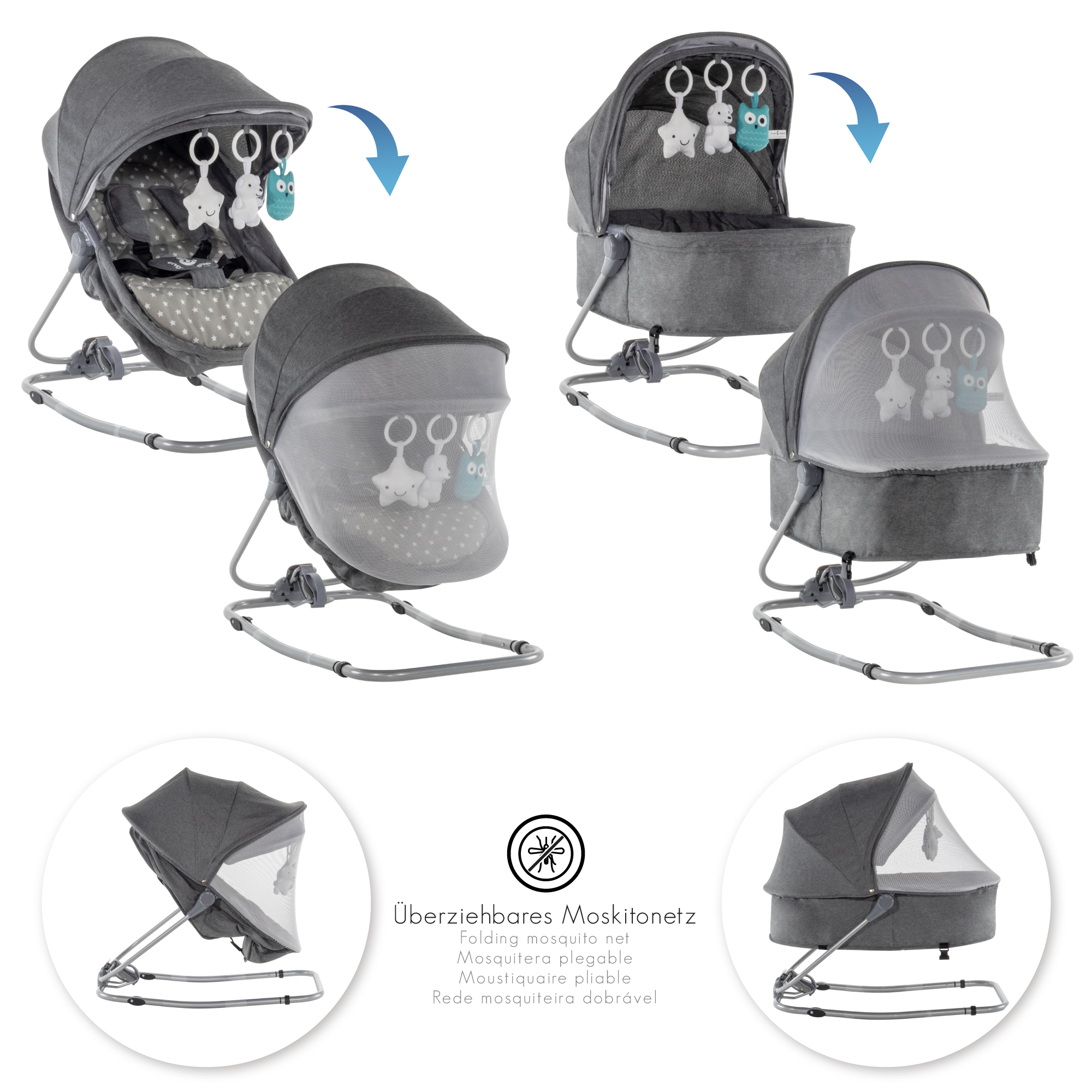 Babywippe PAVO mit Wiegenfunktion und Spielebogen Babywippe PAVO mit Wiegenfunktion und Spielebogen Grau + Grau mit weißen Sterne
