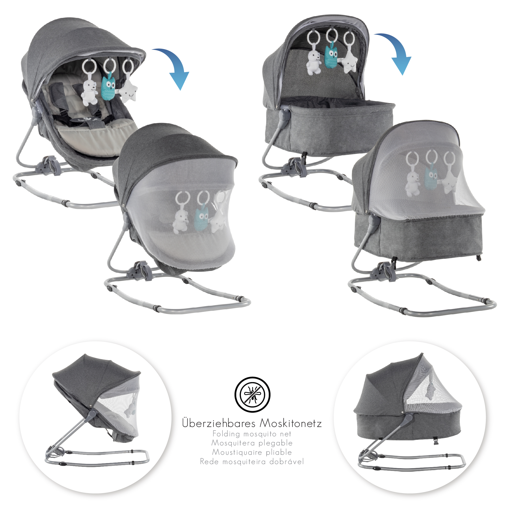 Babywippe PAVO mit Wiegenfunktion und Spielebogen Grau + Grau
