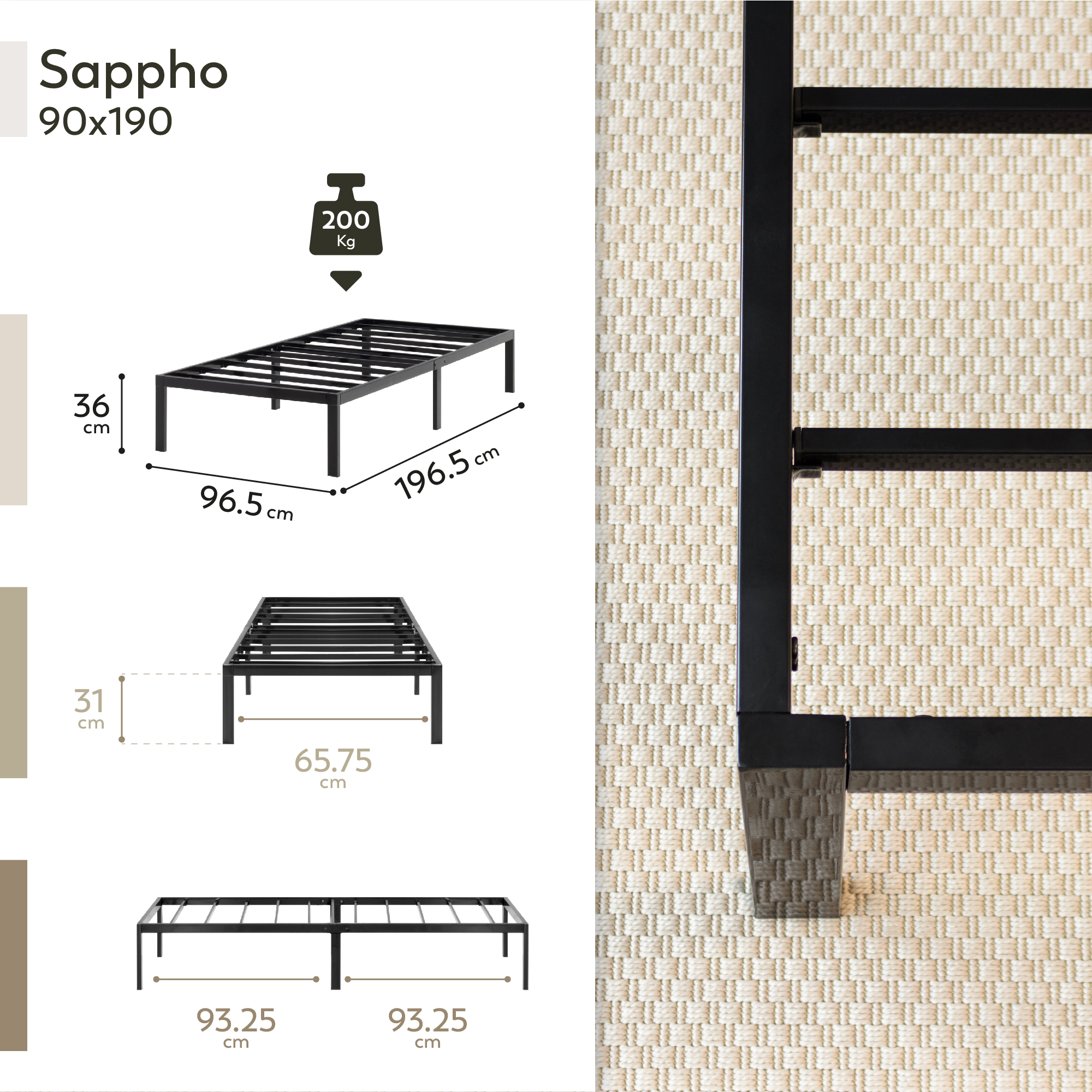 Gästebett Metallbett Einzelbettgestell Sappho Black mit Stauraum 90x190cm