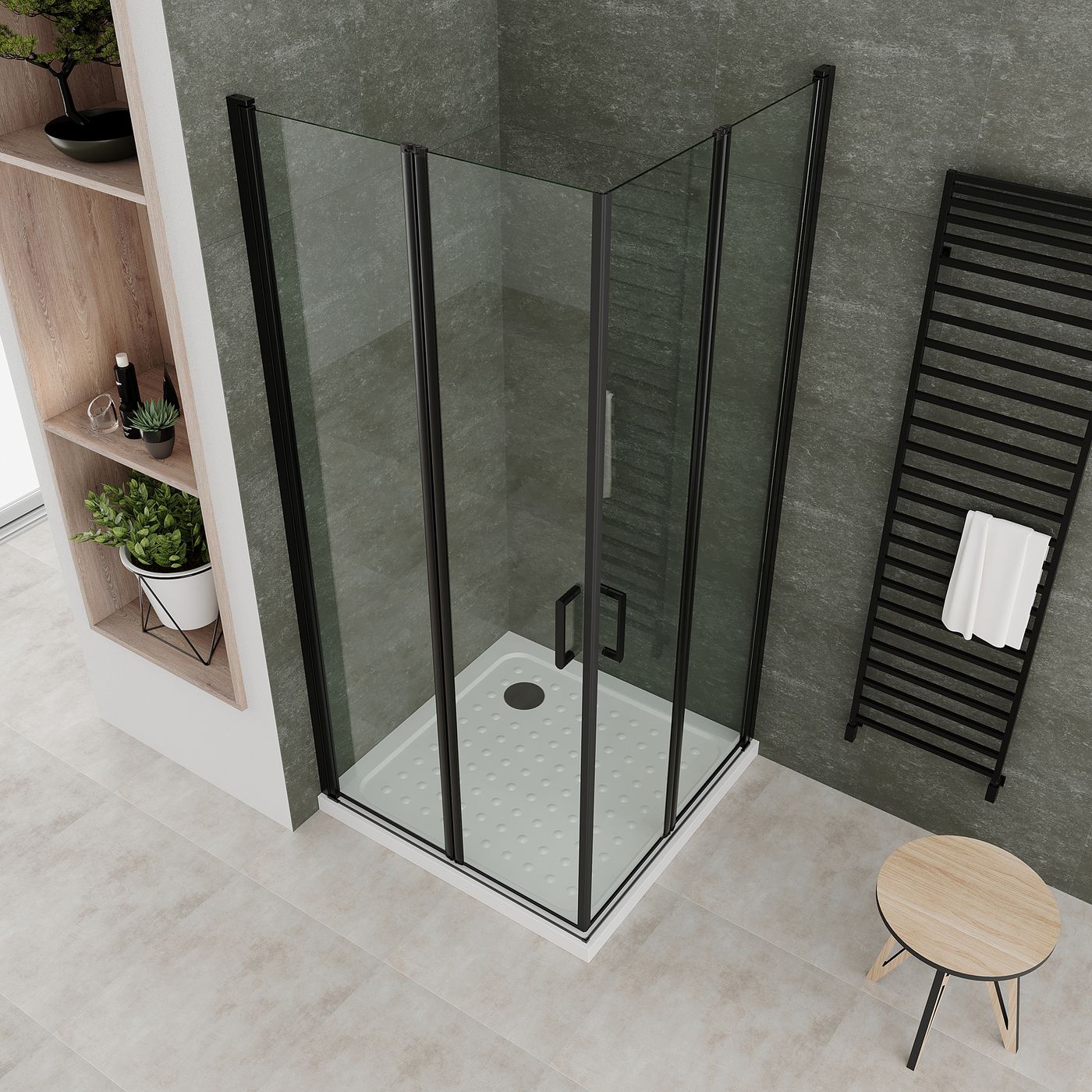 Eckeinstieg Alina mit Falttüren und schwarzen Profilen aus ESG Sicherheitsglas