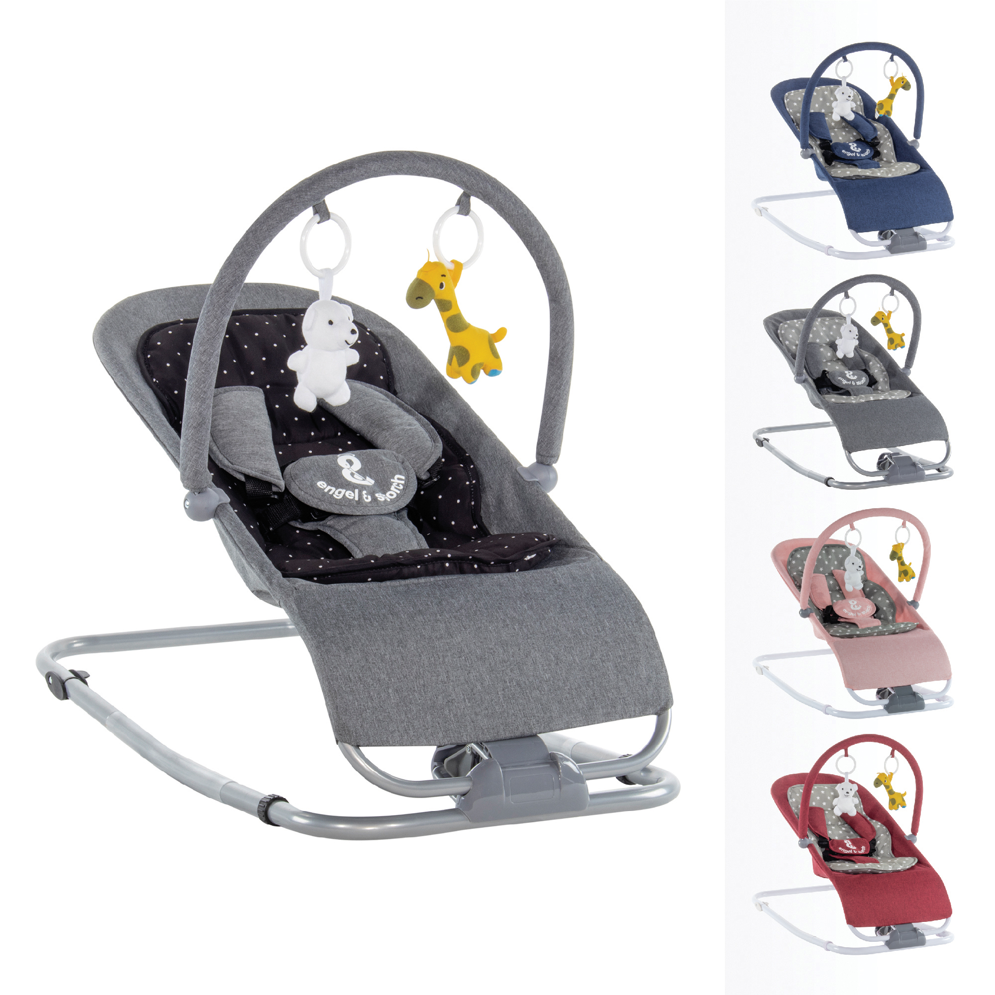 VIENO Baby bouncer with removable cover and play arch Babywippe VIENO mit abnehmbarem Bezug und Spielebogen Grau + Schwarz weiße Punkte