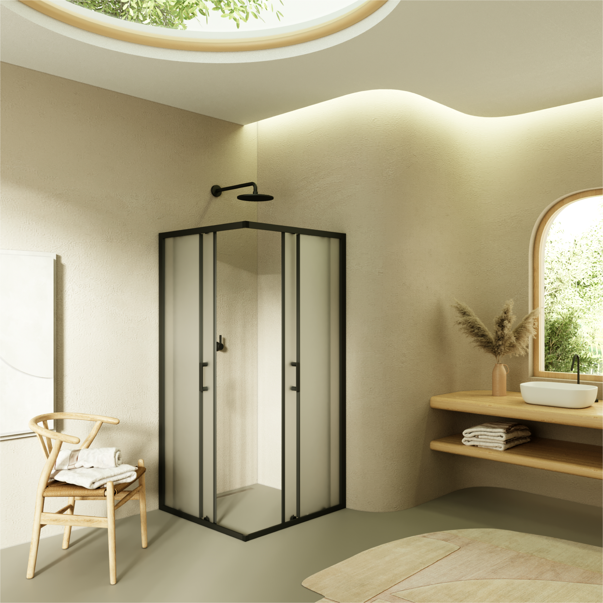 Eckeinstieg Danielle mit Schiebetüren aus satiniertem ESG Sicherheitsglas Eckeinstieg Danielle mit Schiebetüren aus satiniertem ESG Sicherheitsglas