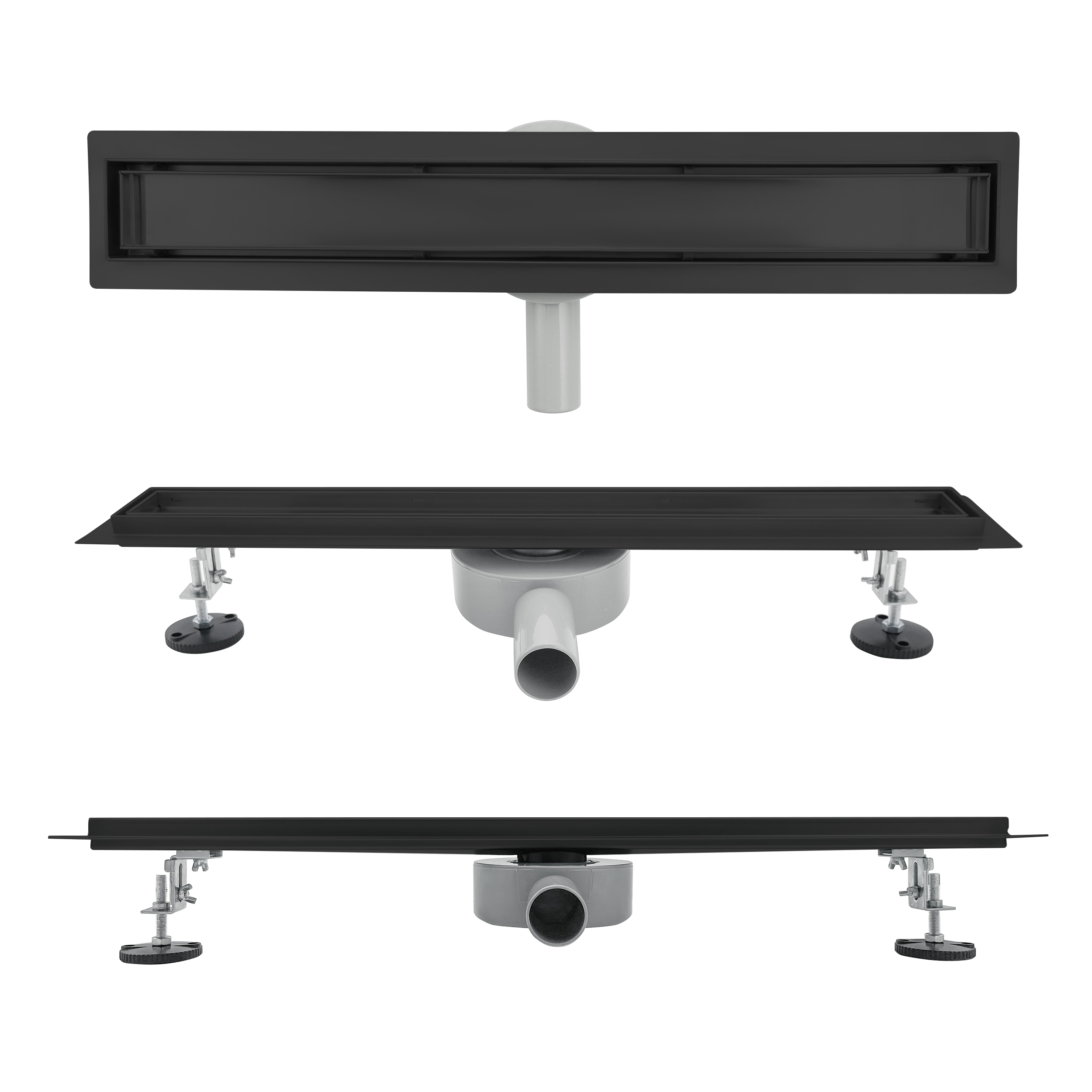 Duschrinne aus Edelstahl sehr flach - Siphon 360 Grad beweglich - Randablauf Schwarz B11 90 cm