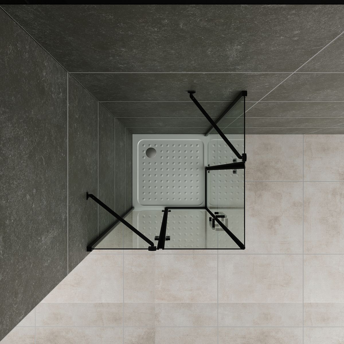 Eckeinstieg Celine mit Klapptüren und schwarzen Profilen aus ESG Sicherheitsglas