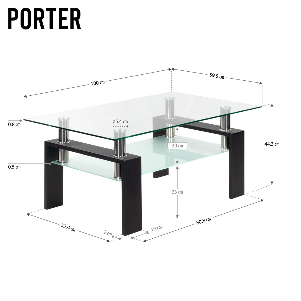 Couchtisch PORTER aus Glas/Metall mit schwarzem Holz
