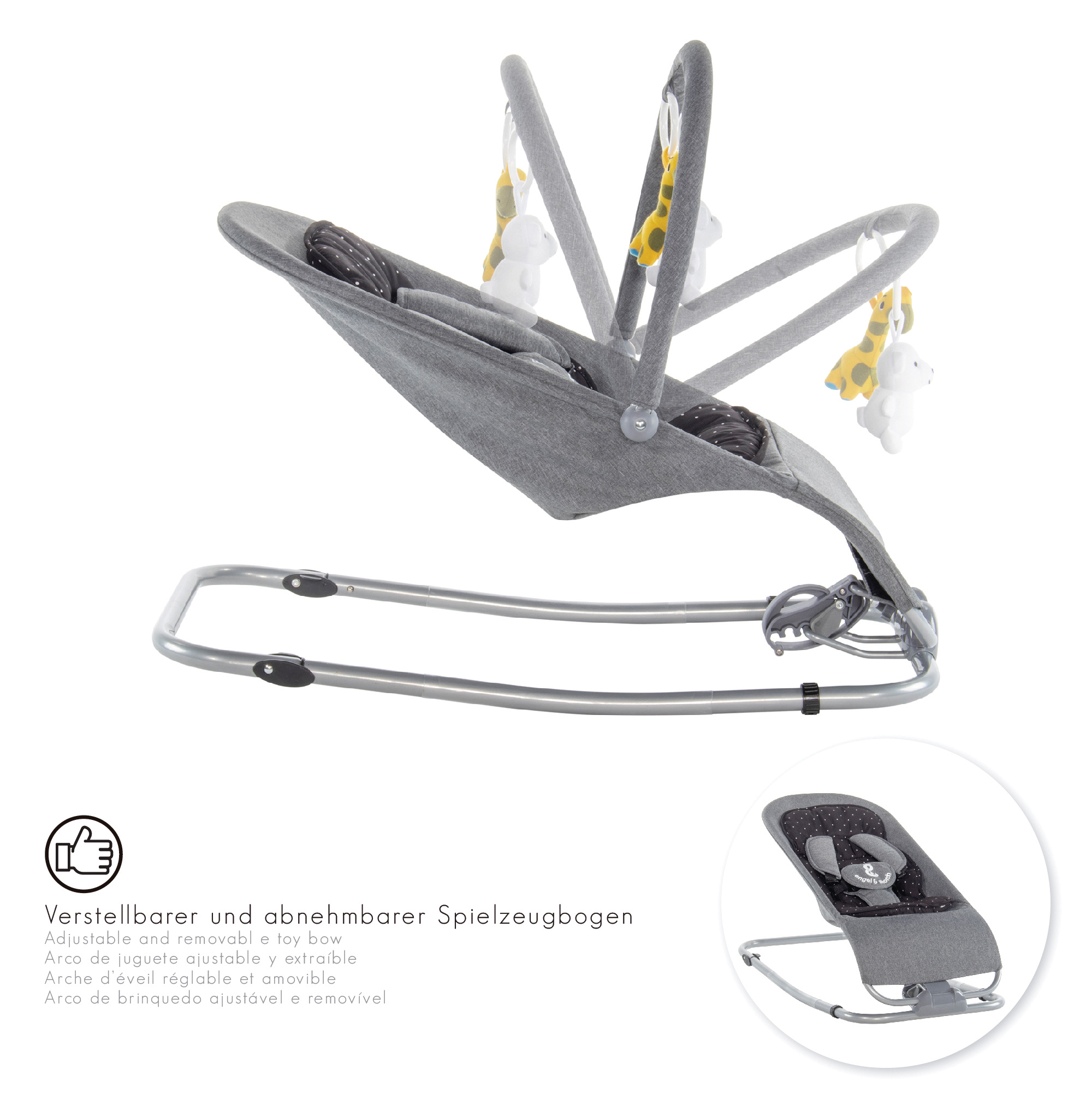 Babywippe VIENO mit abnehmbarem Bezug und Spielebogen Grau + Schwarz weiße Punkte Babywippe VIENO mit abnehmbarem Bezug und Spielebogen Grau + Schwarz weiße Punkte