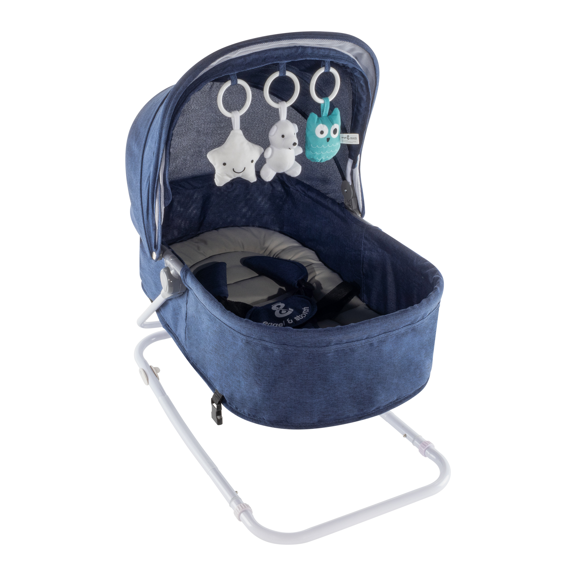 Babywippe PAVO mit Wiegenfunktion und Spielebogen Blau + Grau