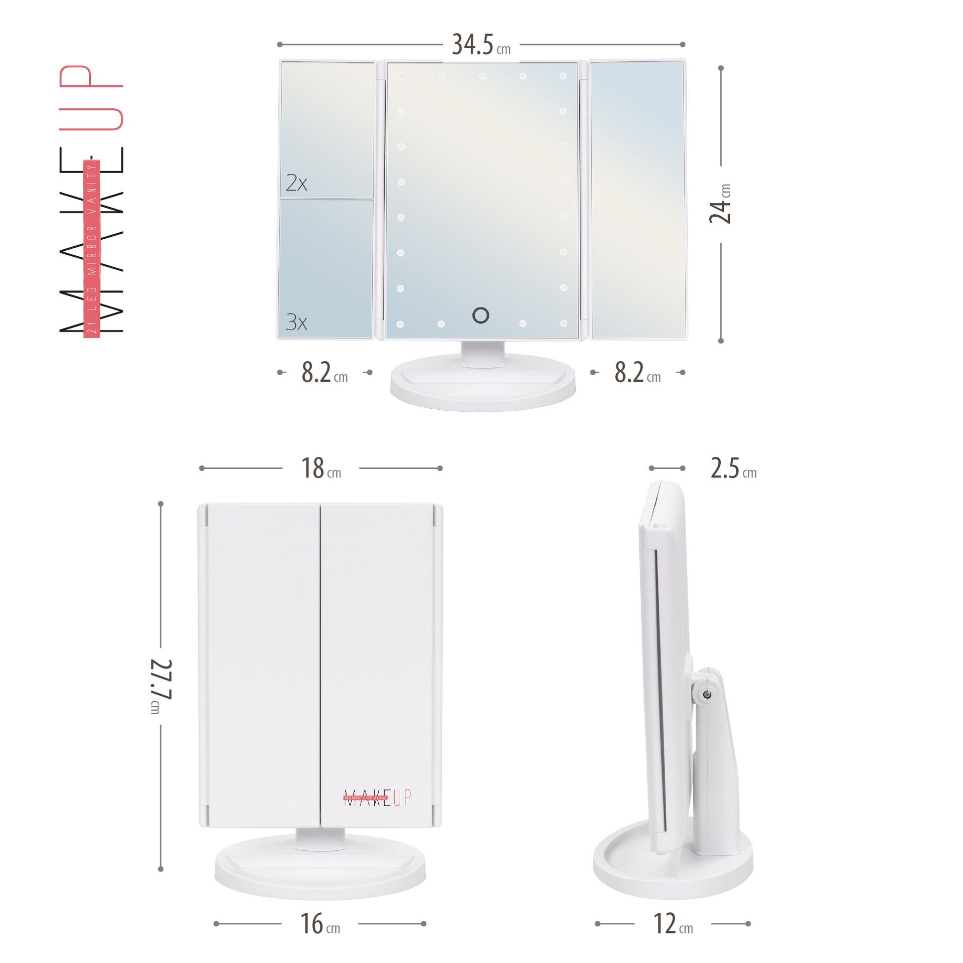 Schminkspiegel mit Vergrößerung MakeUp, mit 21 dimmbaren LED-Lampen