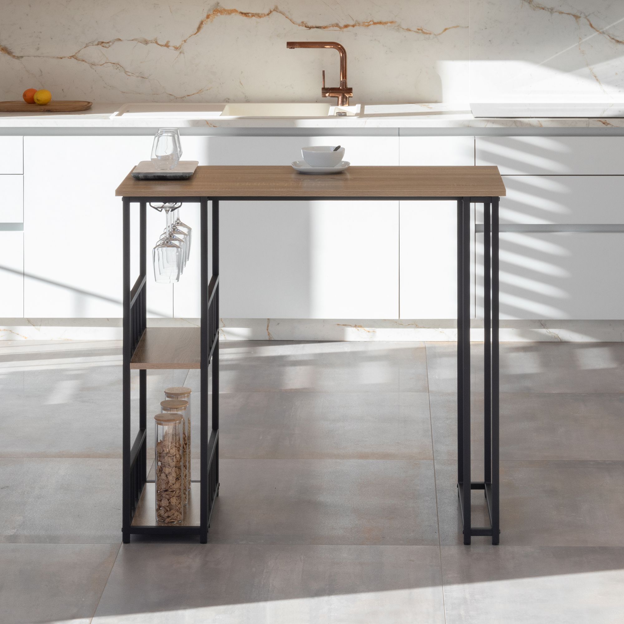 i-flair Stehtisch Bartisch Gavin – Stehtisch mit Stahlrahmen und 2 Ablageflächen & Glashalter Eiche