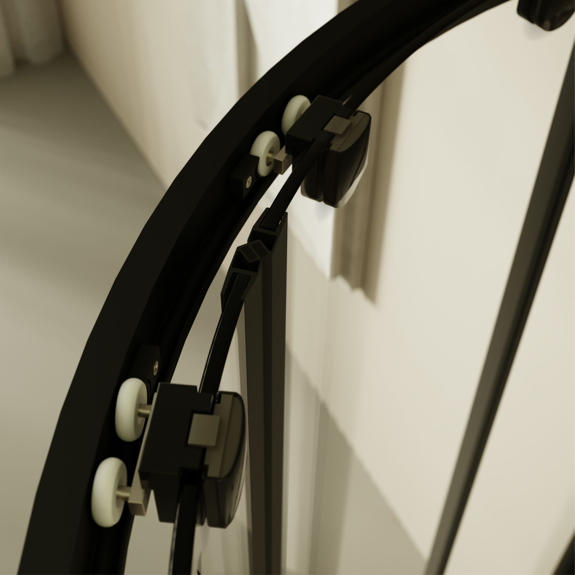 Viertelkreisdusche Ella mit Schiebetüren und schwarzen Profilen aus ESG Sicherheitsglas