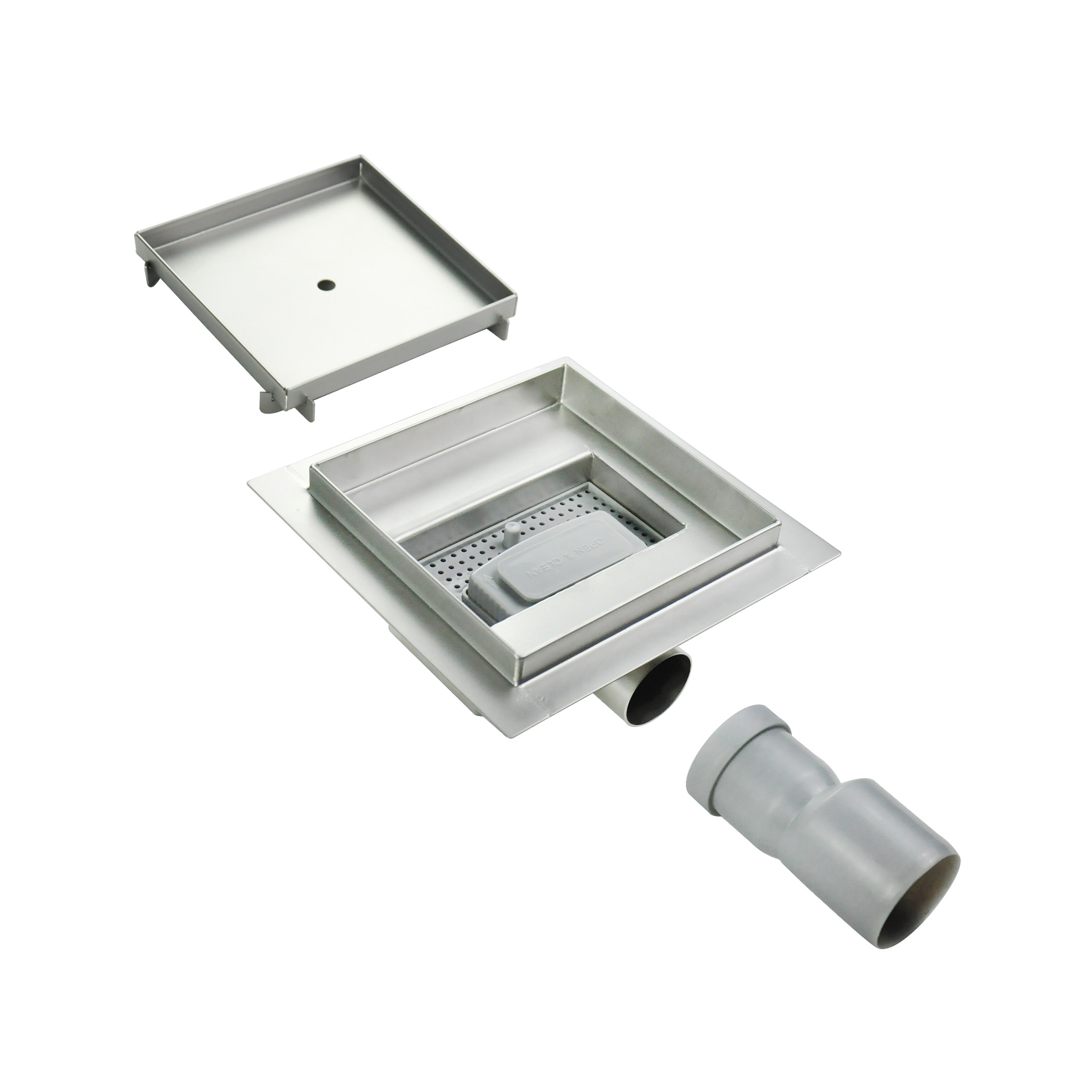Quadratische Duschrinne Q2 aus Edelstahl für flache Installation, befliesbar Quadratische Duschrinne Bodenablauf 2 in 1 Befliesbar aus Edelstahl sehr flach Q2