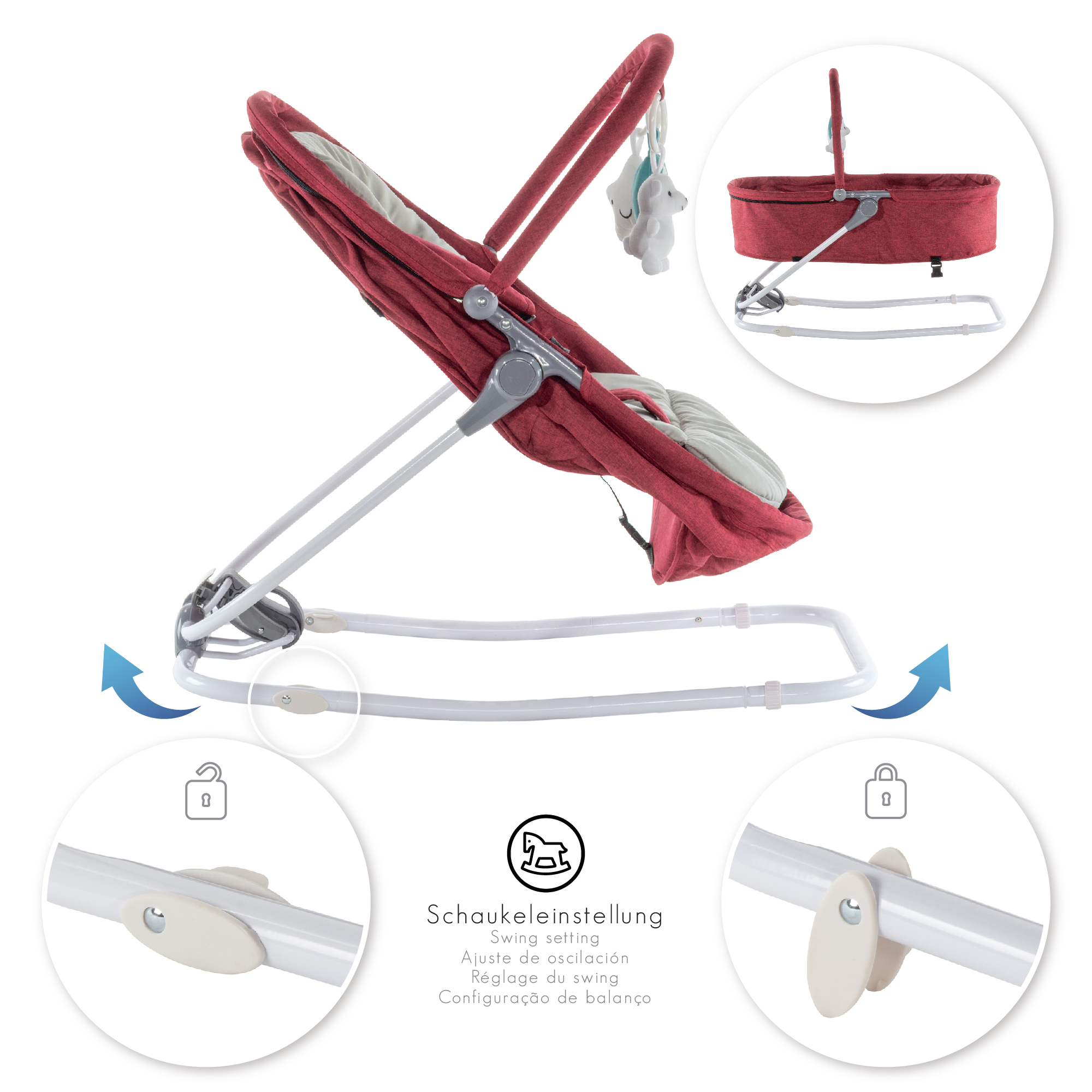 Babywippe VIGO Babywiege mit abnehmbarem Bezug und Spielebogen Rot + Grau