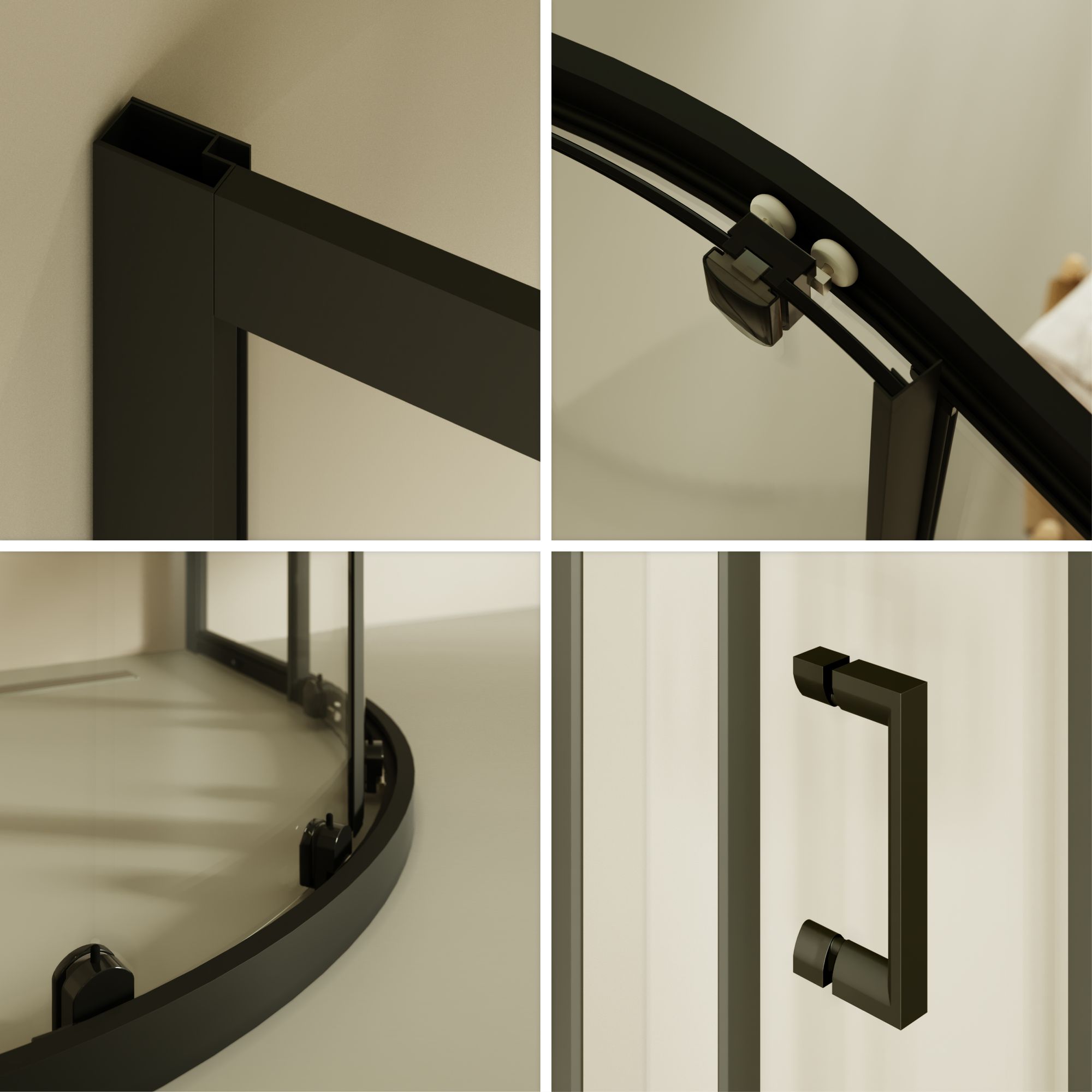 Viertelkreisdusche Ella mit Schiebetüren und schwarzen Profilen aus ESG Sicherheitsglas