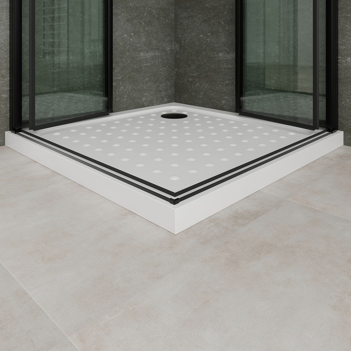 Eckeinstieg Alina mit Falttüren und schwarzen Profilen aus ESG Sicherheitsglas