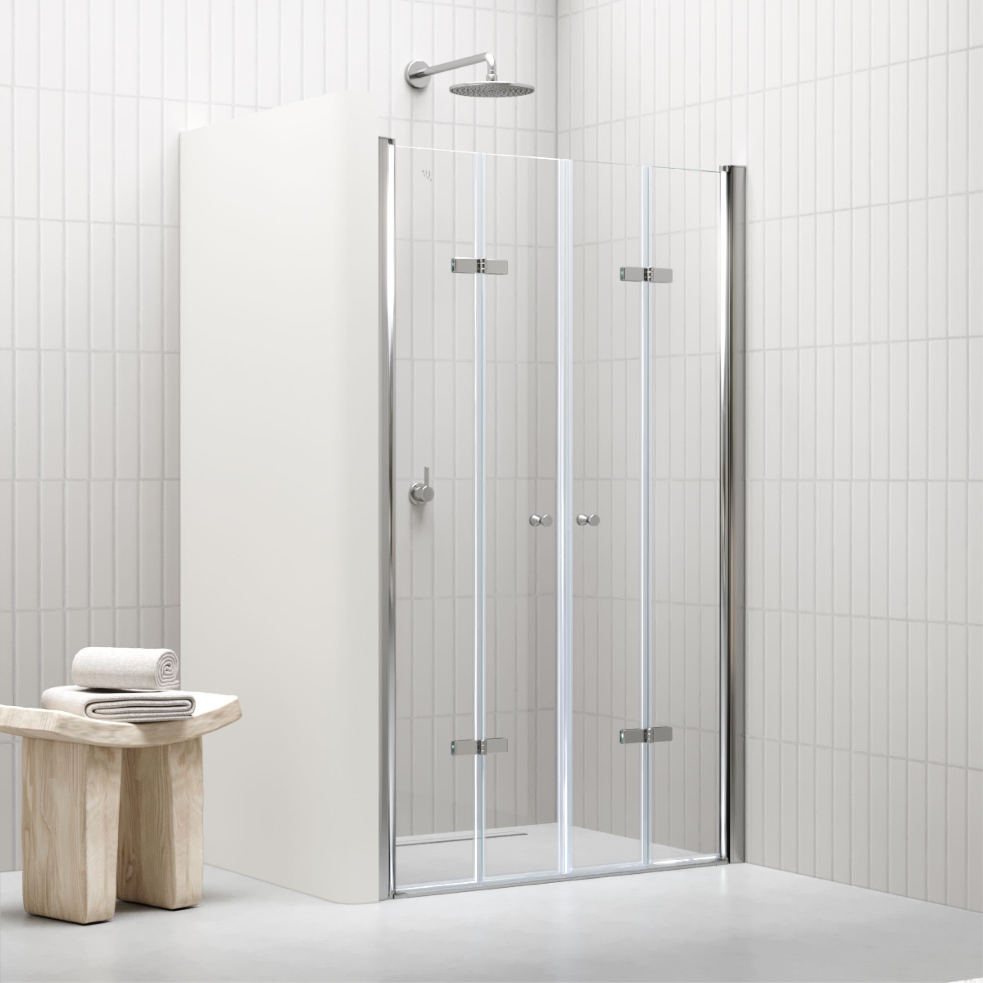 Duschtür Lena mit Falttüren aus klarem ESG Sicherheitsglas Duschtür Lena mit Falttüren aus klarem ESG Sicherheitsglas