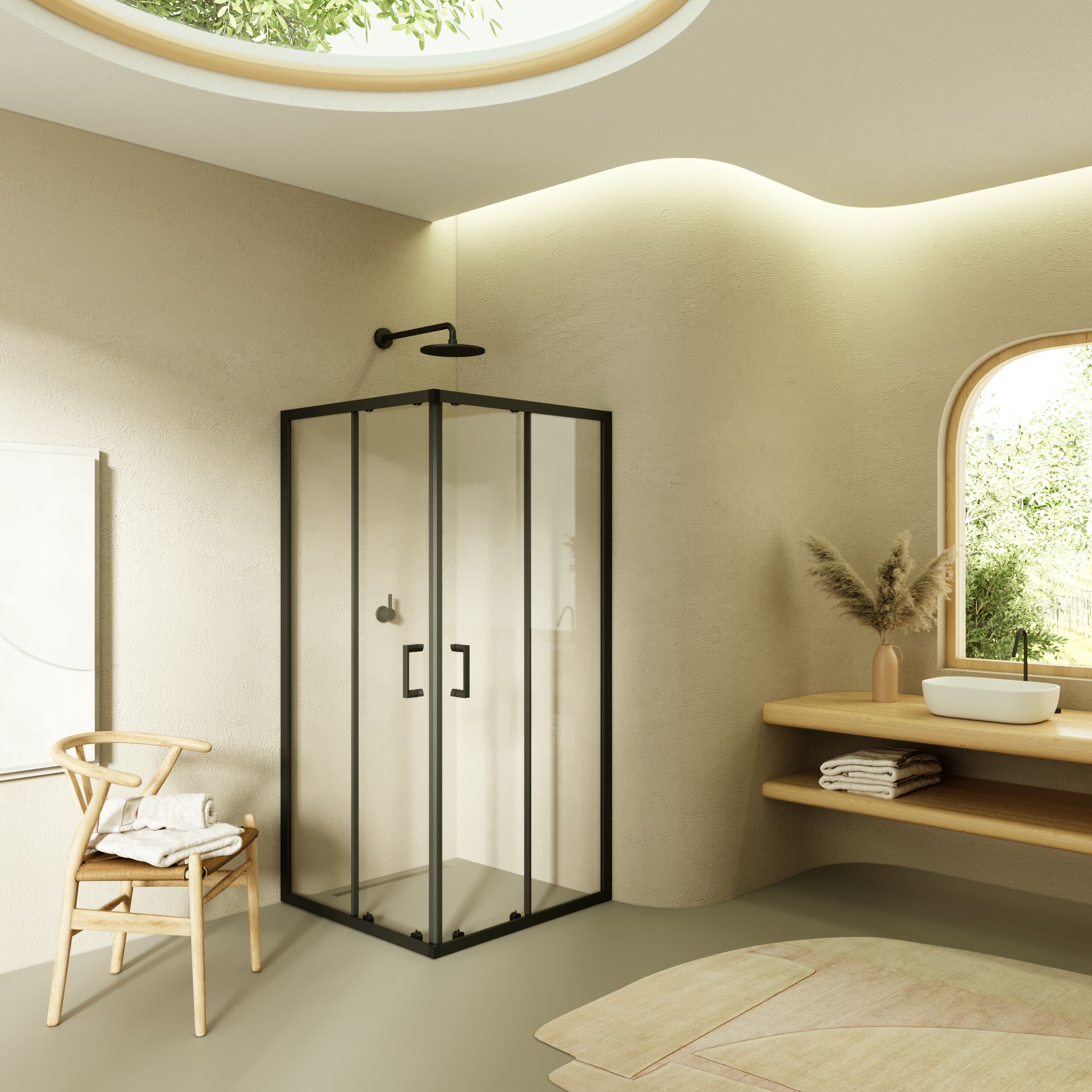 Corner entry Danielle with sliding doors and black profiles made of ESG safety glass. Corner entry Danielle with sliding doors and black profiles made of ESG safety glass.