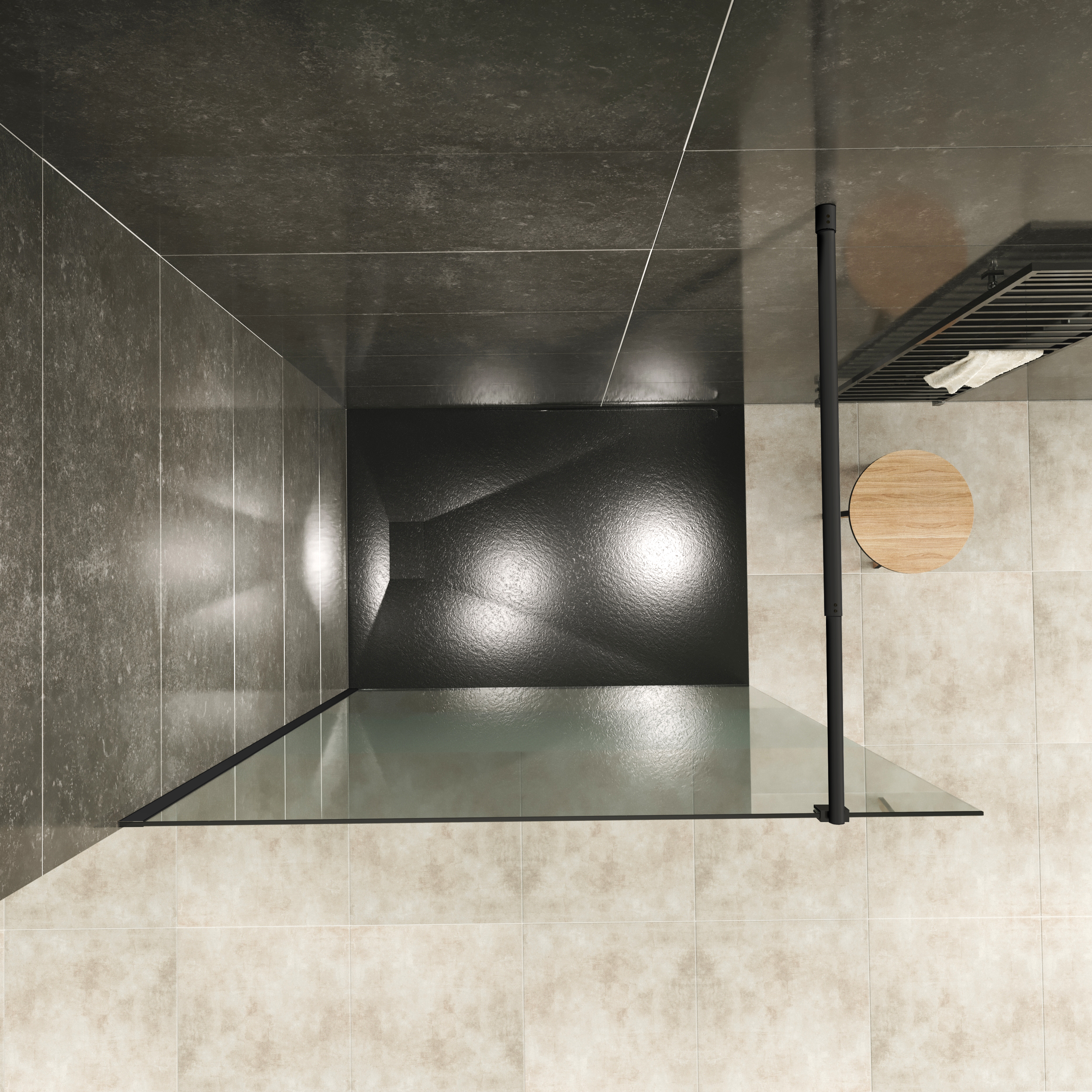 Walk In Dusche FIONA BLACK aus 10 mm starkem teilsatiniertem ESG Sicherheitsglas