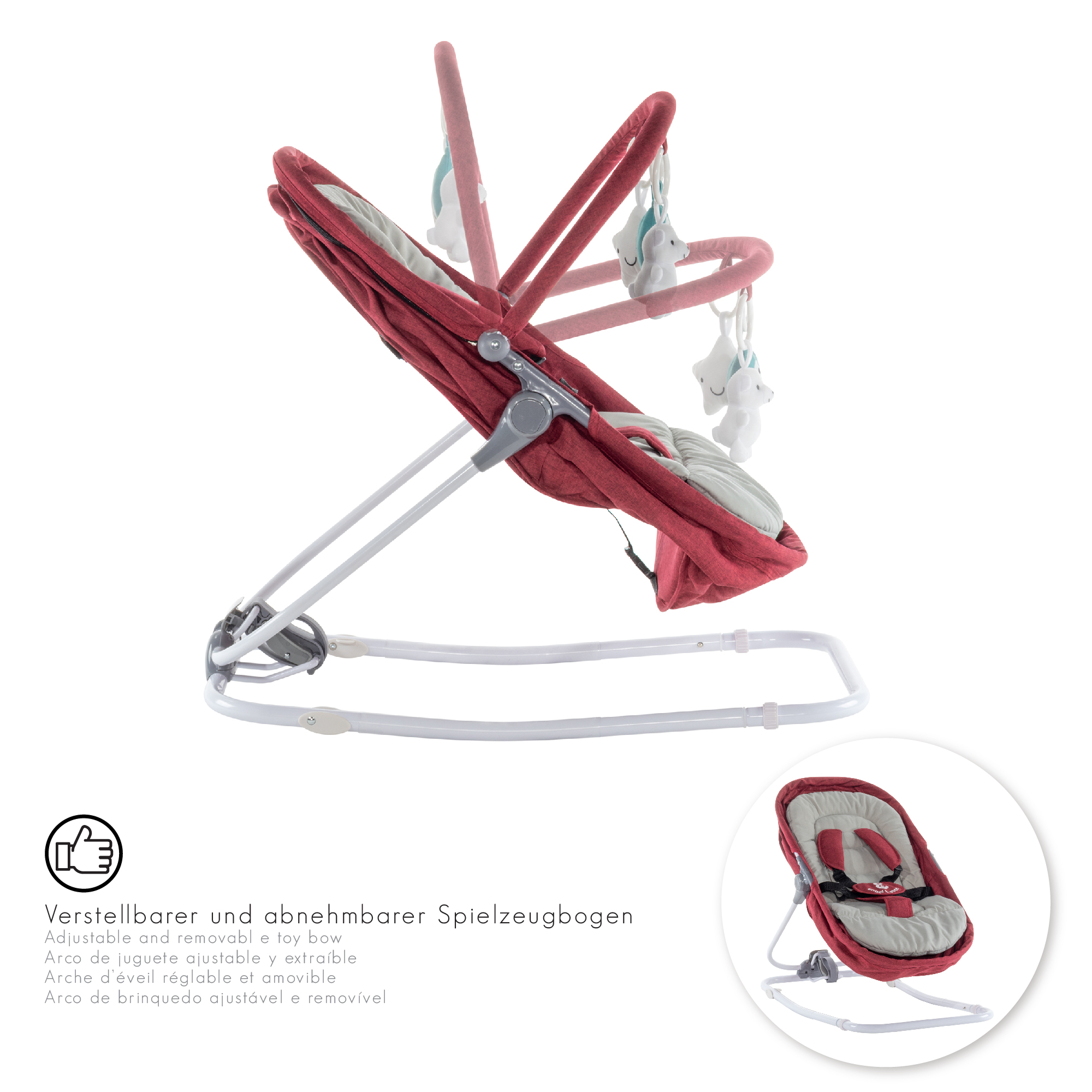 Babywippe VIGO Babywiege mit abnehmbarem Bezug und Spielebogen Rot + Grau