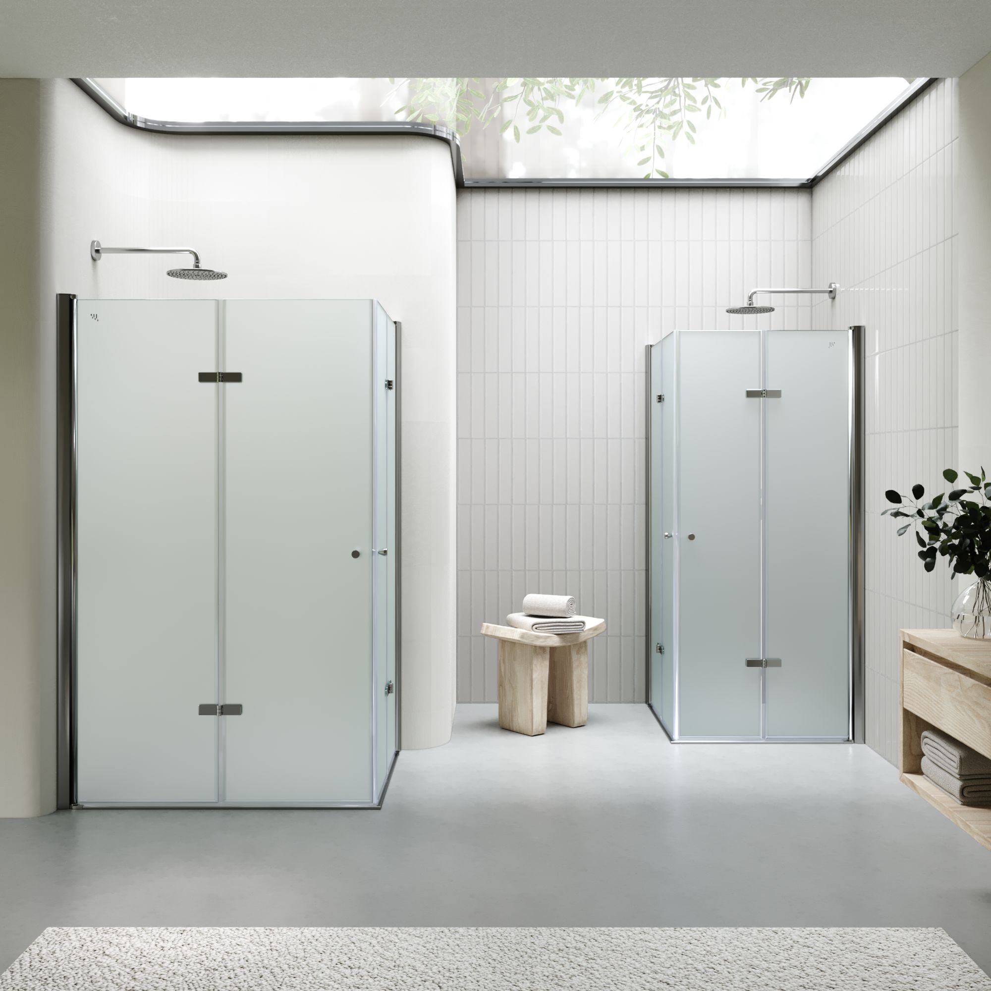 Eckeinstieg Emma mit Falttüren aus satiniertem ESG Sicherheitsglas