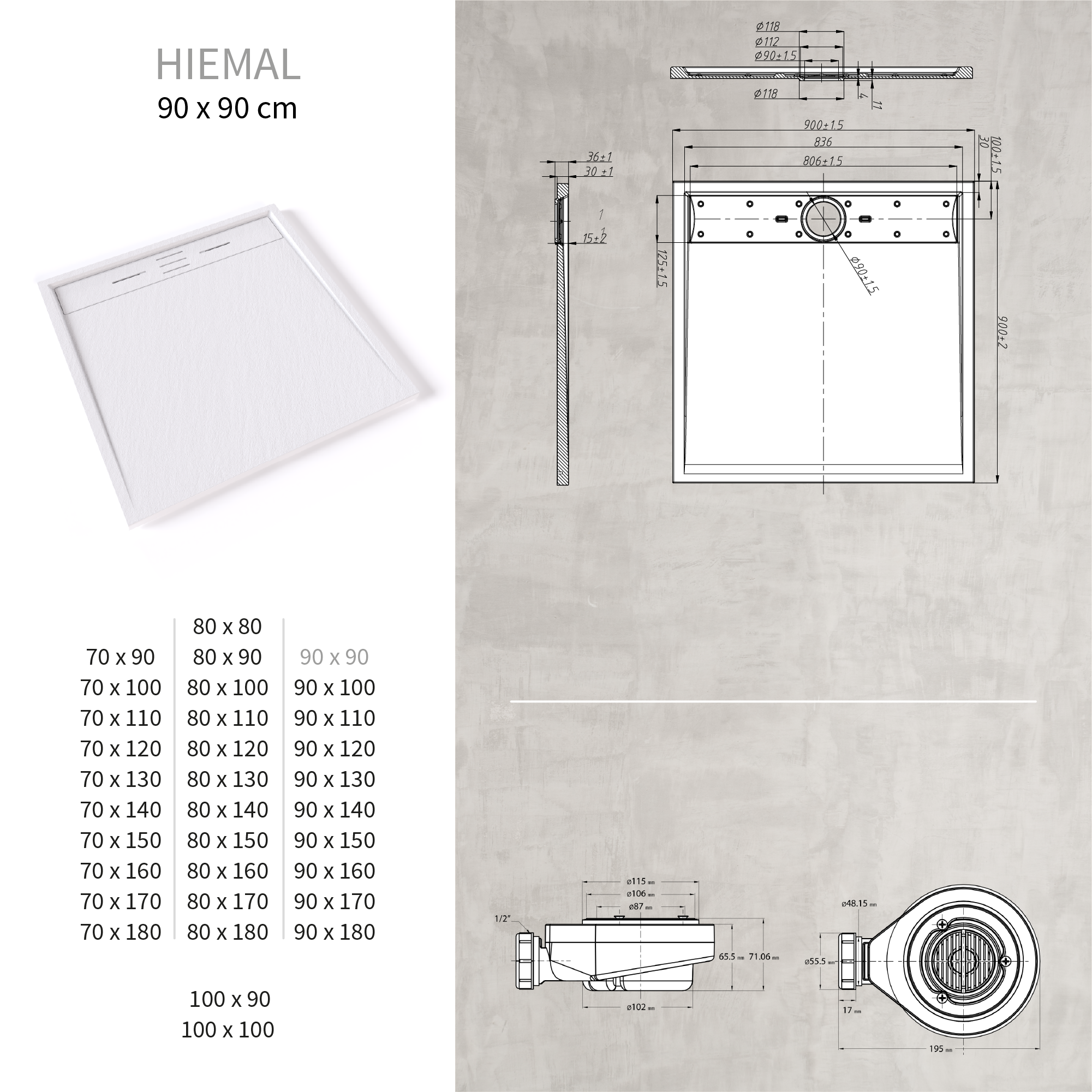 SMC Duschwanne Lumia in Schieferoptik inkl. Ablaufgarnitur Weiß 90x90 cm